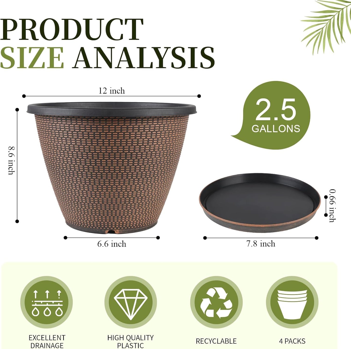 12 inch Pots for Plants, 4 Pack Large Outdoor Planter Pot with Drainage Holes & Saucers, Plastic Flower Pots for Indoor Plants, Decorative Garden Pots for Indoor & Outdoor Plant (Black Copper)