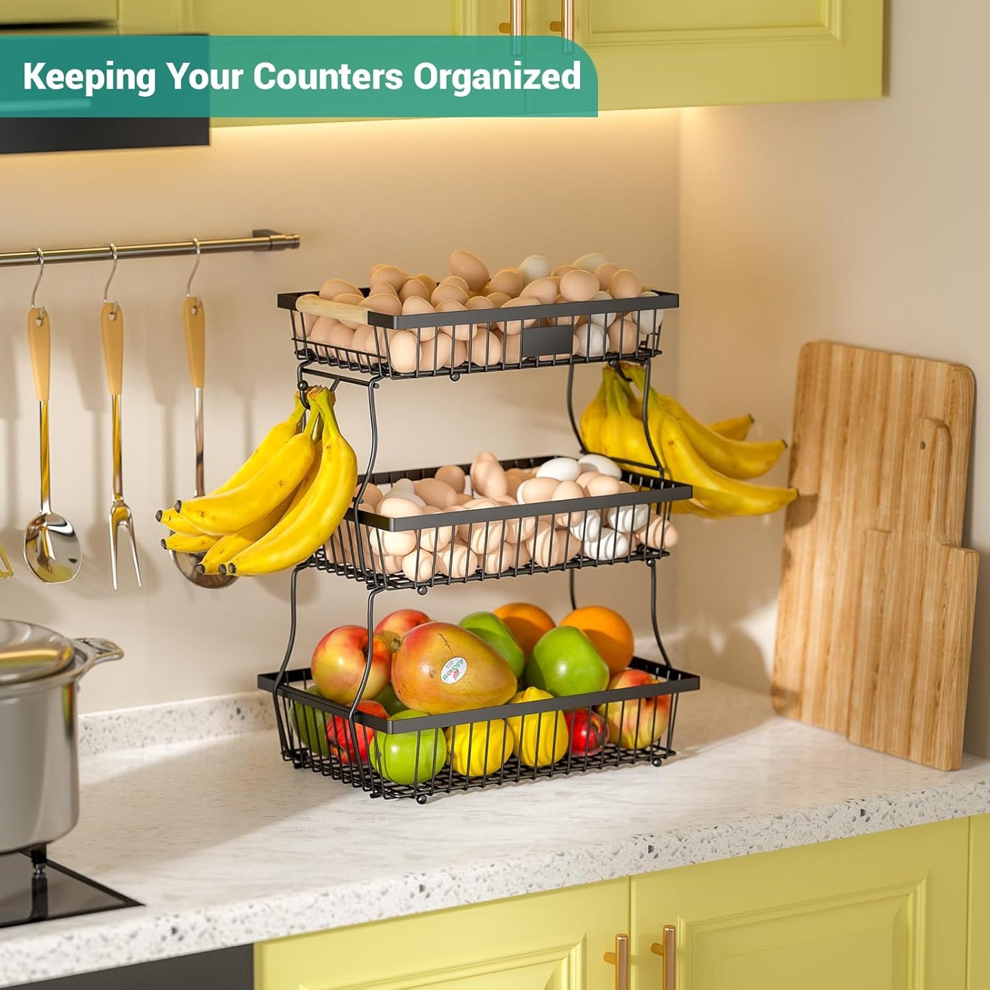 3 Tier Fruit Basket for Kitchen Counter with 2 Banana Hangers, Countertop Metal Fruit Bowl with Wooden Handle, Large Storage Stand for Vegetables, Snacks, Breads, Produce Storage – Black
