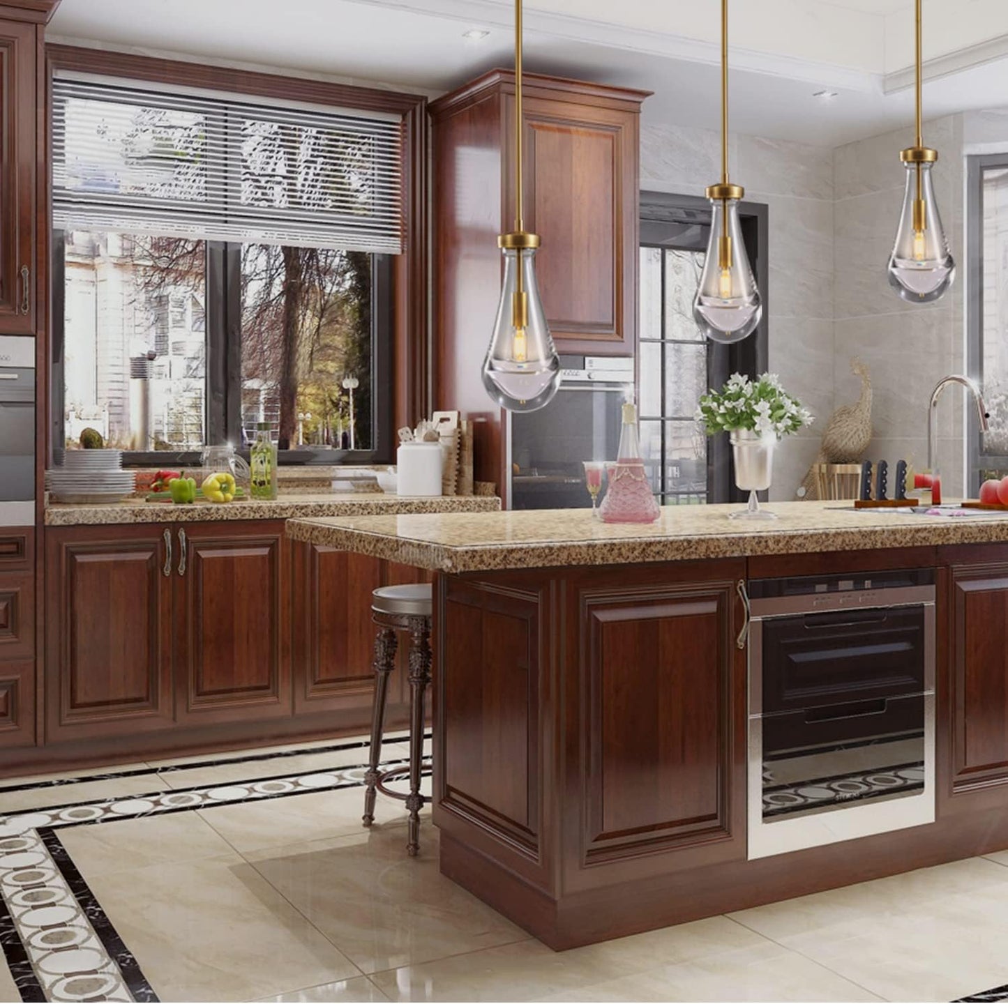 Raindrop Pendant Lights 2 Pack, Pendant Lights for Kitchen Island, Brass Rod Dining Room Light Fixture, Raindrop Chandelier, Pendant Lights for Living Room Hallway, Including Bulb