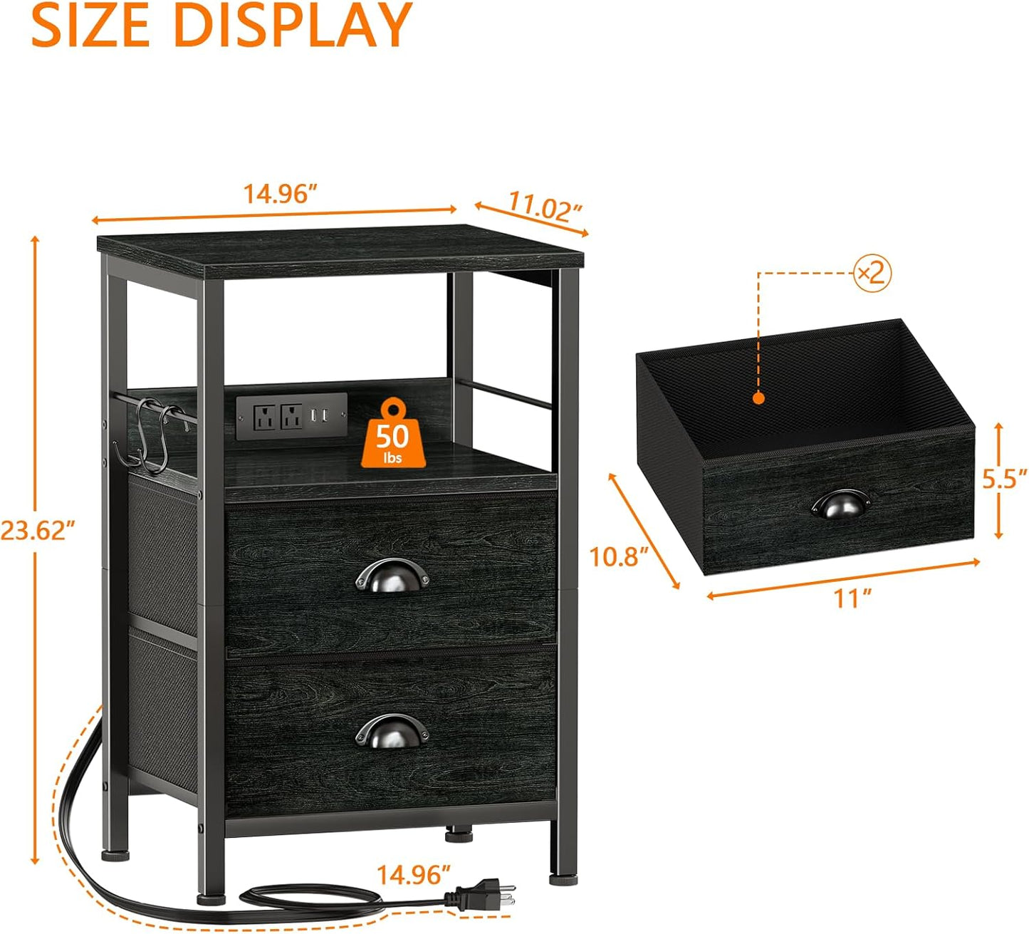 Furologee Nightstand Set of 2, Black Oak, with Charging Station and USB Ports, Side Tables with 2 Fabric Drawers, Bedside Tables with Storage Shelf & Hooks, for Living Room/Bedroom