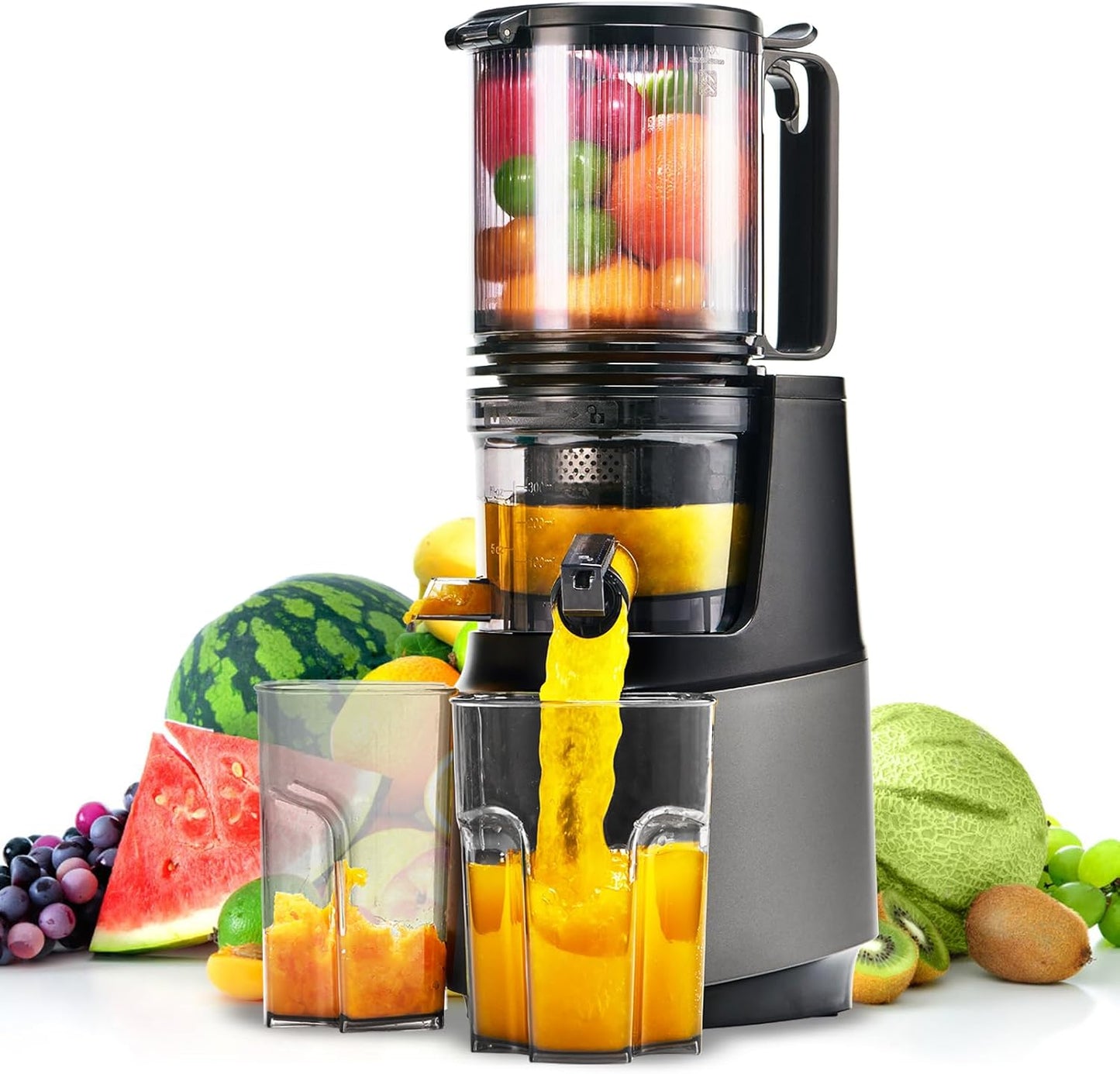 Cold Press Juicer,Slow Masticating Juicer Machines with 5.3" Large Feed Chute for Most Fruits and Vegetables,Easy to Clean Lemon Orange Juicer with 250W Motor and High Juice Yield,Deep Grey