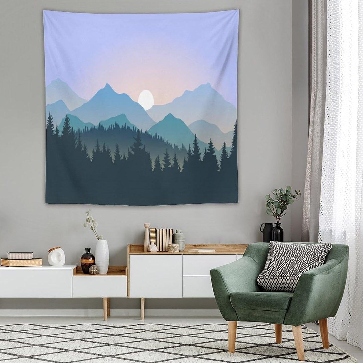 HZOHNAGO Mountain Tapestry Forest Mountain Sunrise Pattern Printed Wall Tapestry Wall Hanging for Bedroom Living Room Dorm 60" W x 60" H