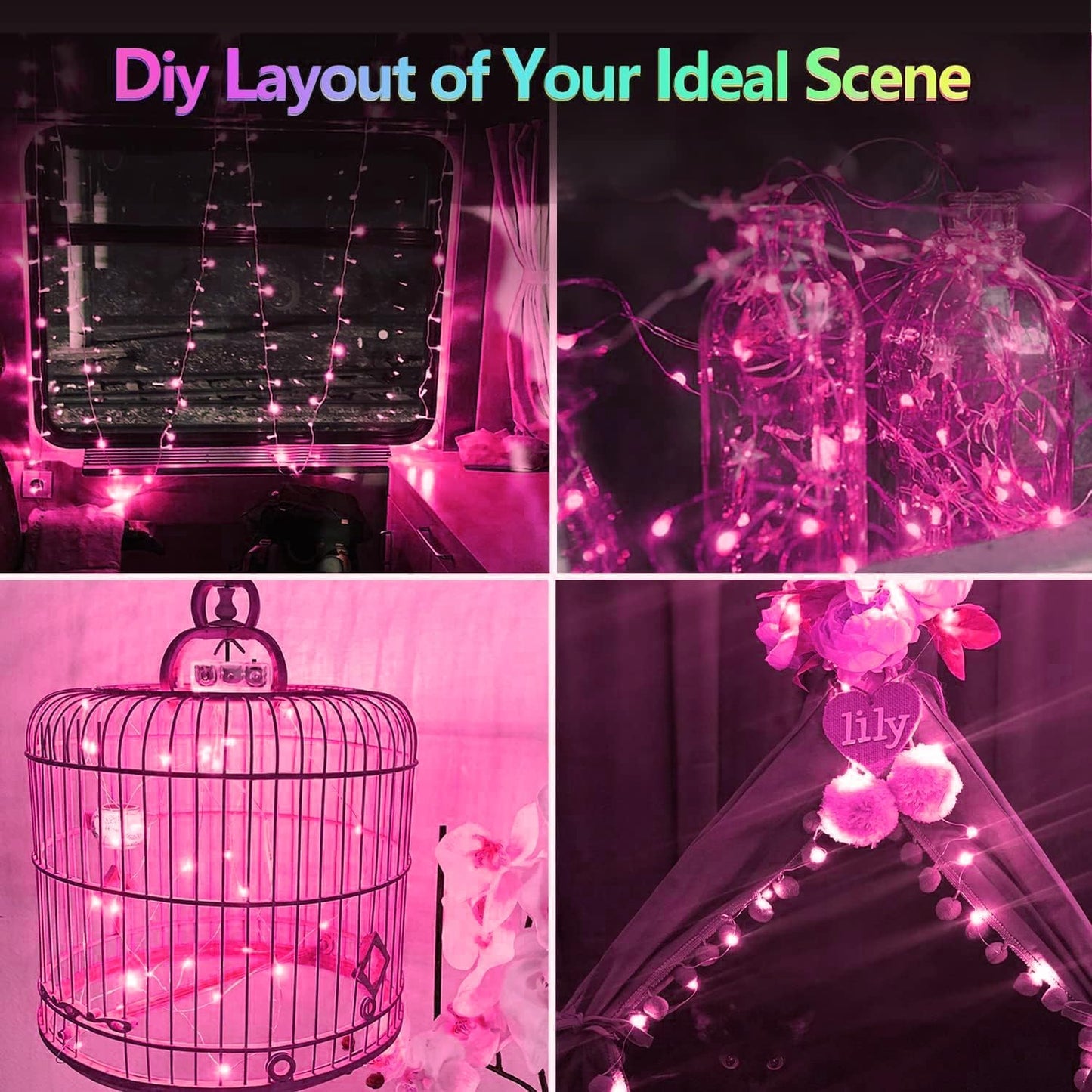 4 Pack 20FT 60LED Fairy Lights Battery Operated, Mother's Day String Light with Timer Waterproof, Battery Twinkle Lights for Girl's Bedroom Wedding Anniversary Decorations (Pink)