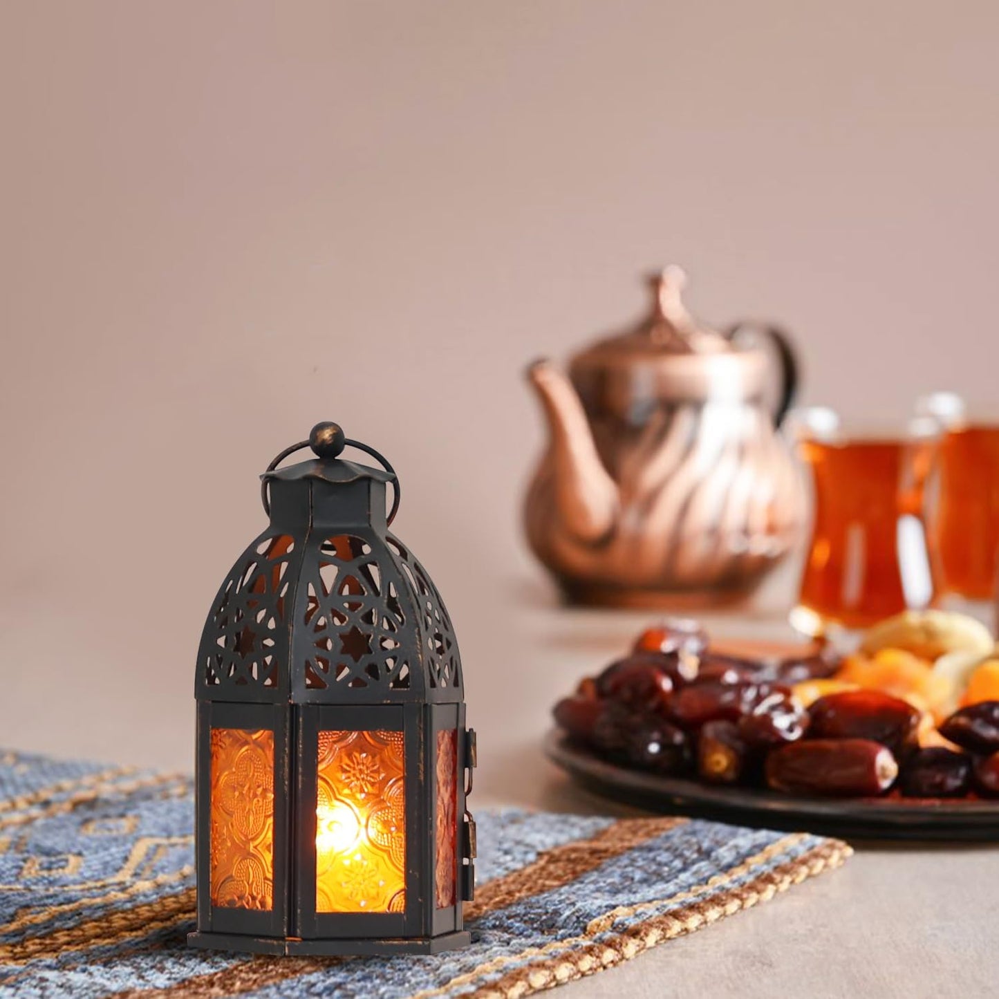 NEEDOMO Set of 4 Moroccan Candle Lantern, 9" Ramadan Lanterns Decorative Indoor Outdoor, Vintage Candle Holder for Chritsmas, Halloween, Table, Patio, Porch, Shelf, Ramadan Decorations (Amber)