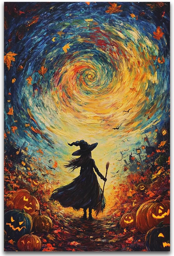 Halloween Autumn Witchy Decor Wall Art Prints,Gothic Witch in Whirlwind Autumn with Pumpkins Scene Pictures Poster,Fall Festival Home Decor Painting Canvas Poster for Bedroom Bathroom,24"x36" Unframed