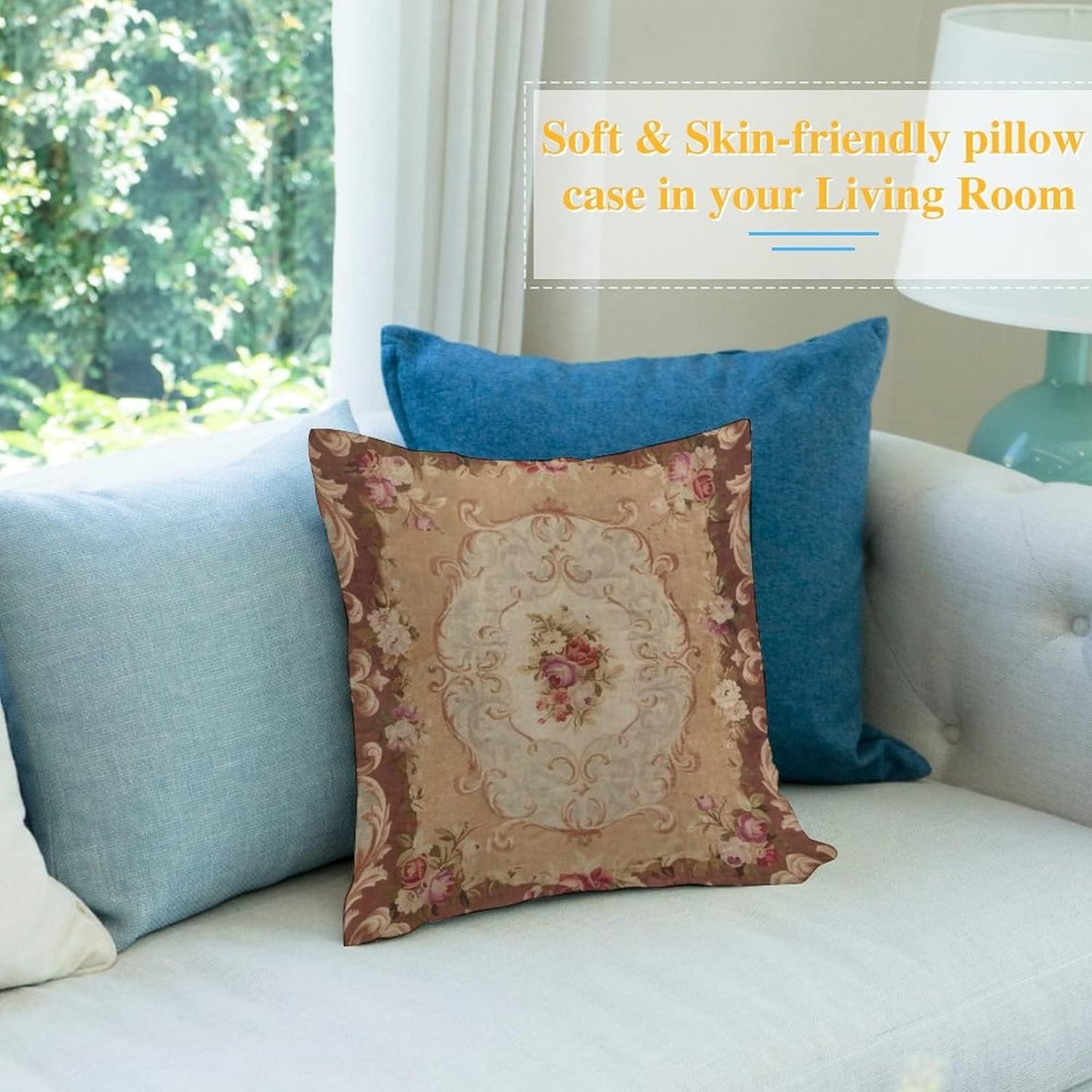 RURALS Antique Rose Floral French Aubusson Rug Decorative Pillow Covers Cozy Soft Throw Pillowcase Square Couch Cushion Cover for Home Decor Sofa Living Room Bed Car 18x18 Inch