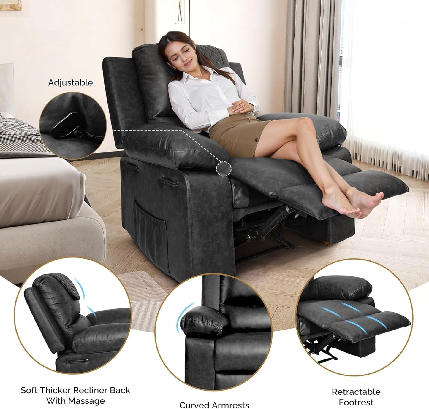 Recliner Chair with Electric Massage Adjustable Footrest & Heat, Manual Leather Recline for Adults Living Room Remote Control (Black)