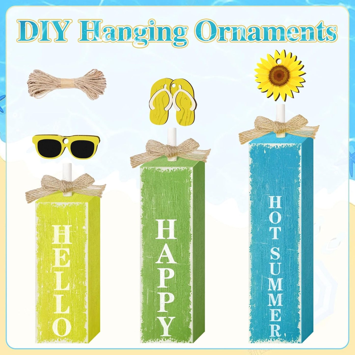 3 PCs Wooden Tiered Tray Decor Hello Happy Hot Summer Rustic Table Decor Block Signs for Beach Island Home Office Decorations (Summer-1)