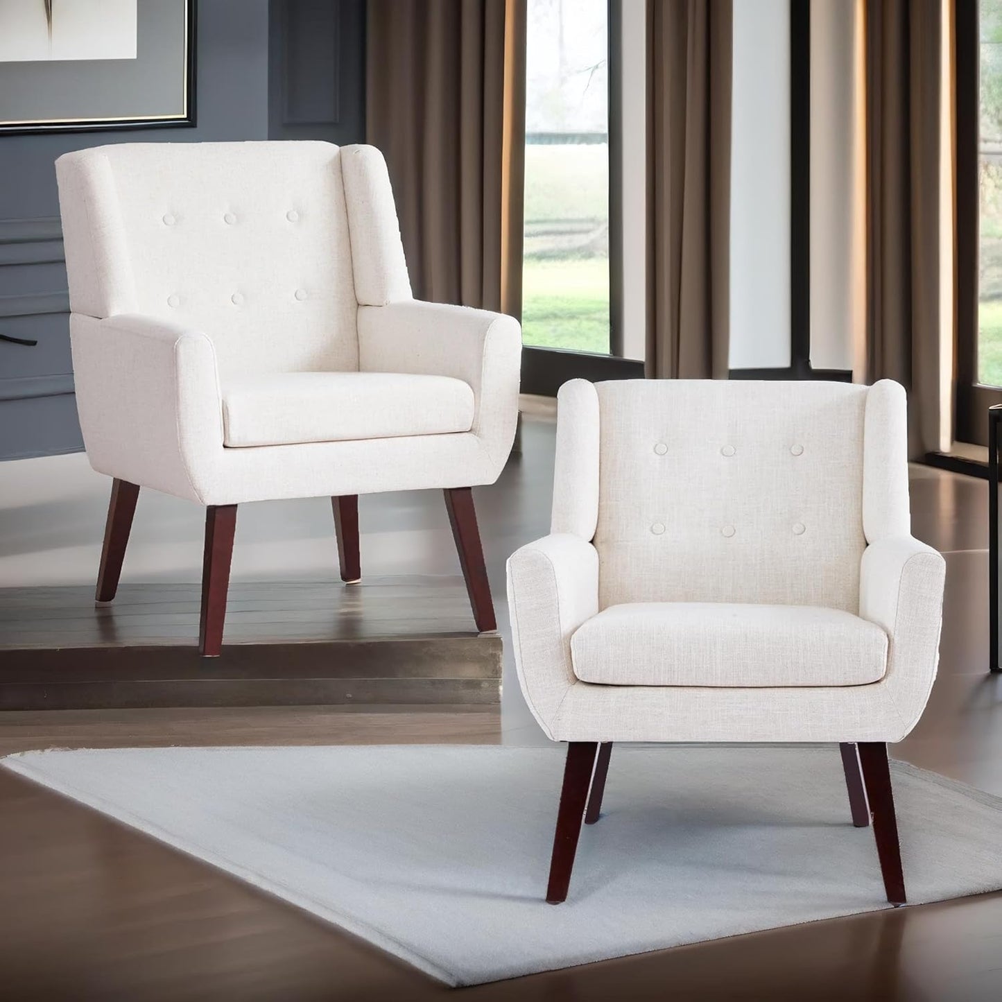 HUIMO Button-Tufted Accent Chairs Set of 2,Upholstered Reading Living Room Chair,Mid Century Modern Chair with Linen Fabric, Club Chair,Comfy Arm Chairs for Living Room,Bedroom,Beige