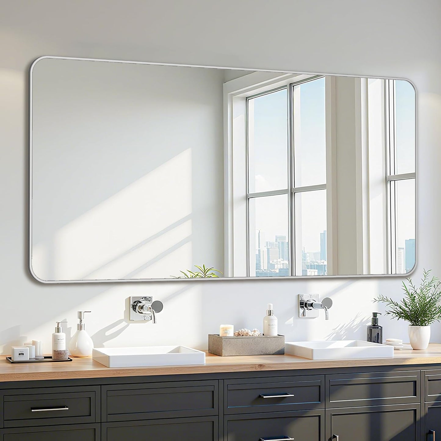 Bathroom Mirror 60" x 30", Large Rectangle Wall Mirror, Silver Metal Frame Wall Mounted Mirrors for Bathroom, Vanity, Bedroom, Entryway Decor(Horizontal/Vertical)