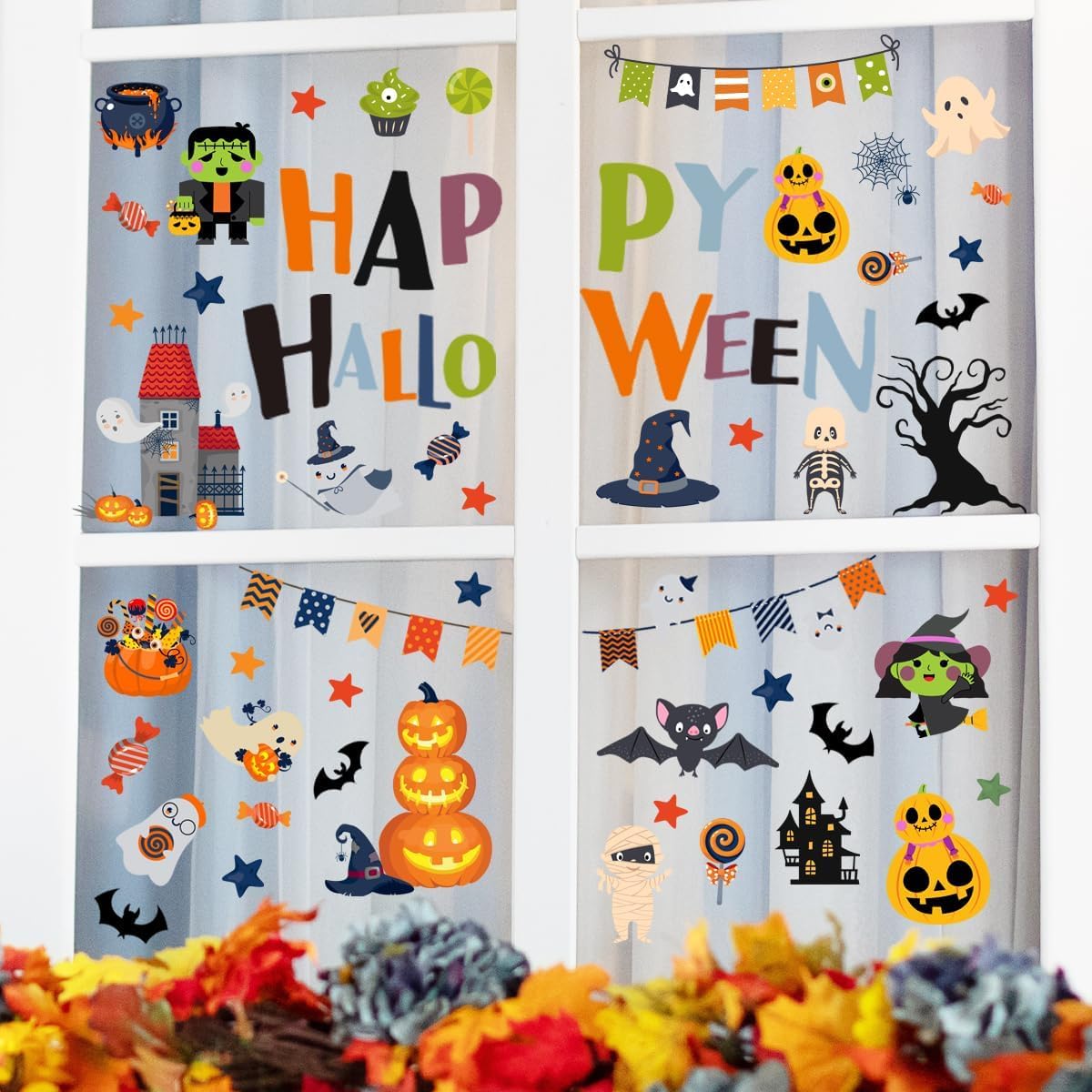 10 Sheets Halloween Window Clings Halloween Window Stickers Decorations Double-Sided Removable Castle Pumpkin Bat Glass Window Decals, Happy Halloween Window Clings for Kids Party Decorations