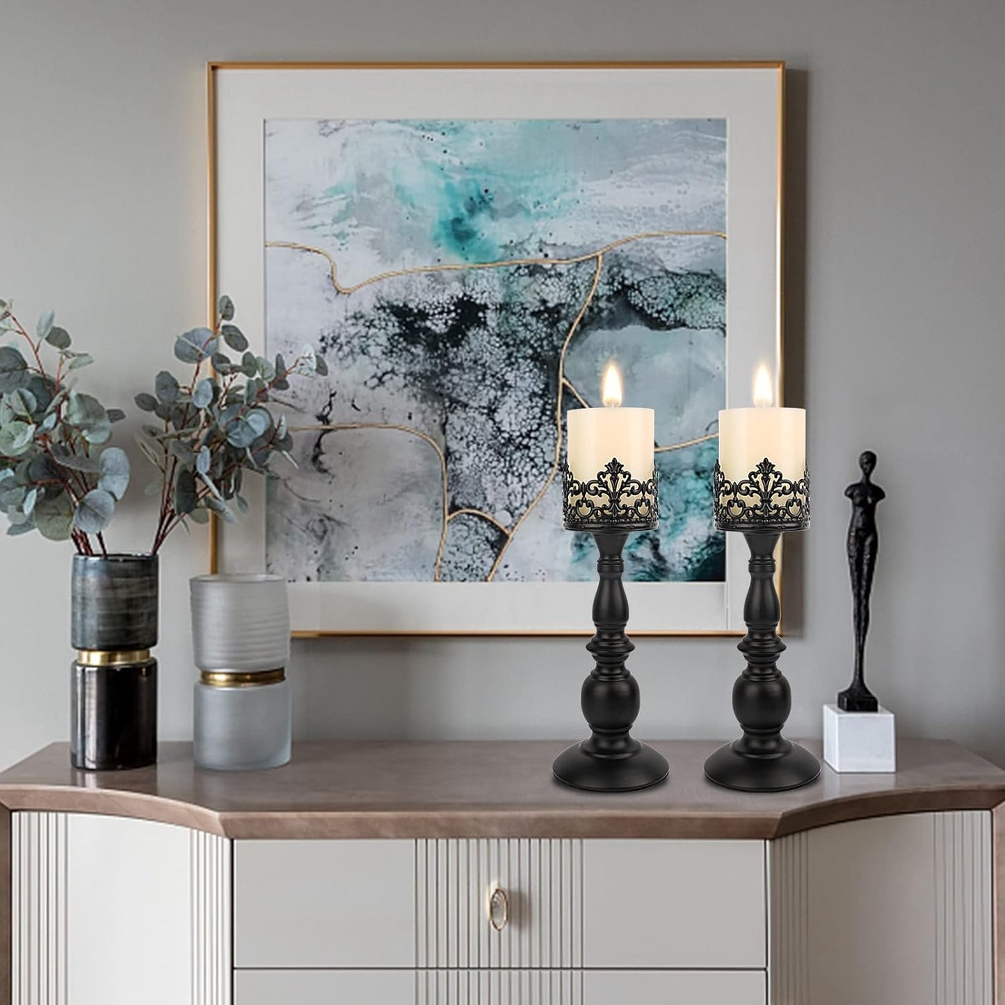 Candle Holders for Pillar Candles Gothic Matte Black Vintage Tall Candle Holders Set of 2 Decorative Large Table Centerpieces Candle Stand Decor (Black 2PCS A)