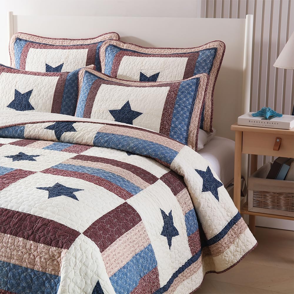 Cotton Bedding Quilt Sets 3 Pieces Reversible Coverlet Sets All Season Boys Real Patchwork Bedspread,Star Pattern,Queen Size
