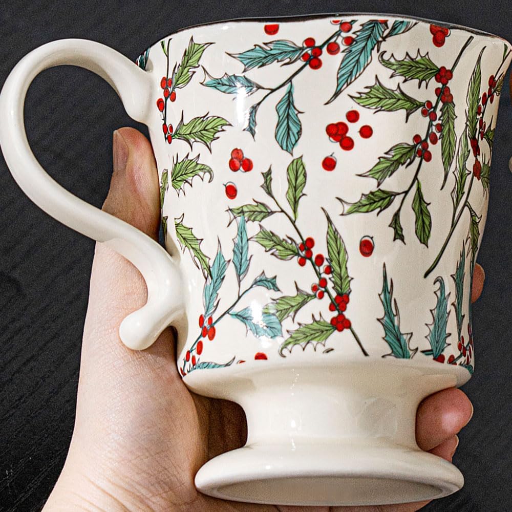360ml -12.17oz Painted Cherry Fruit Ceramic Mug - Cute irish Coffee Glasses for Latte, Espresso - Gift for Women, Dishwasher Safe