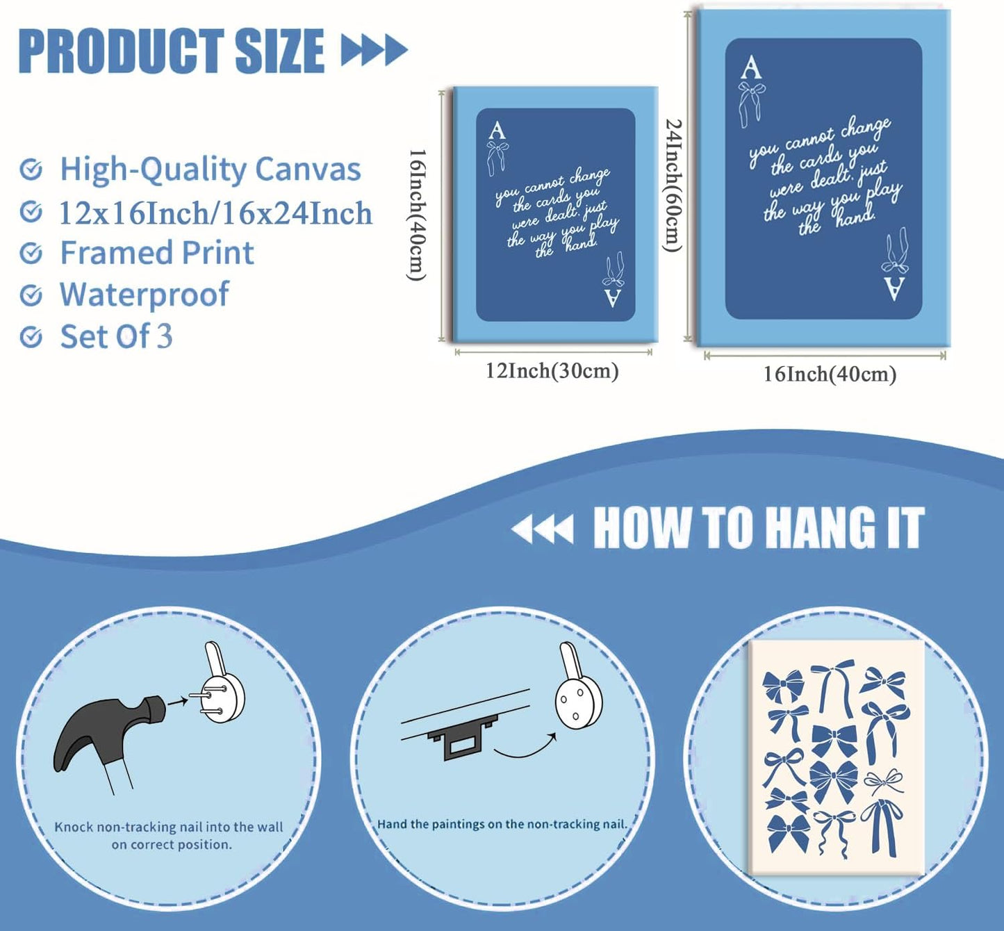 Blue Preppy Wall Art Framed Set of 3 Trendy Navy Bow Posters Retro Guest Check Canvas Prints Poker Painting Minimalist Positive Quote Picture Room Decor Aesthetic for Living Room Dorm Apartment12x16in