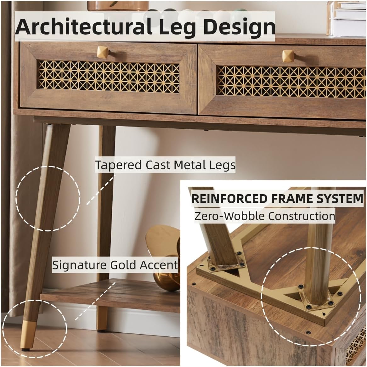 Narrow Sofa Table with Two Drawers and Shelf, Modern Style Wooden Console Table for Living Room, Entryway, Hallway, Rustic Oak