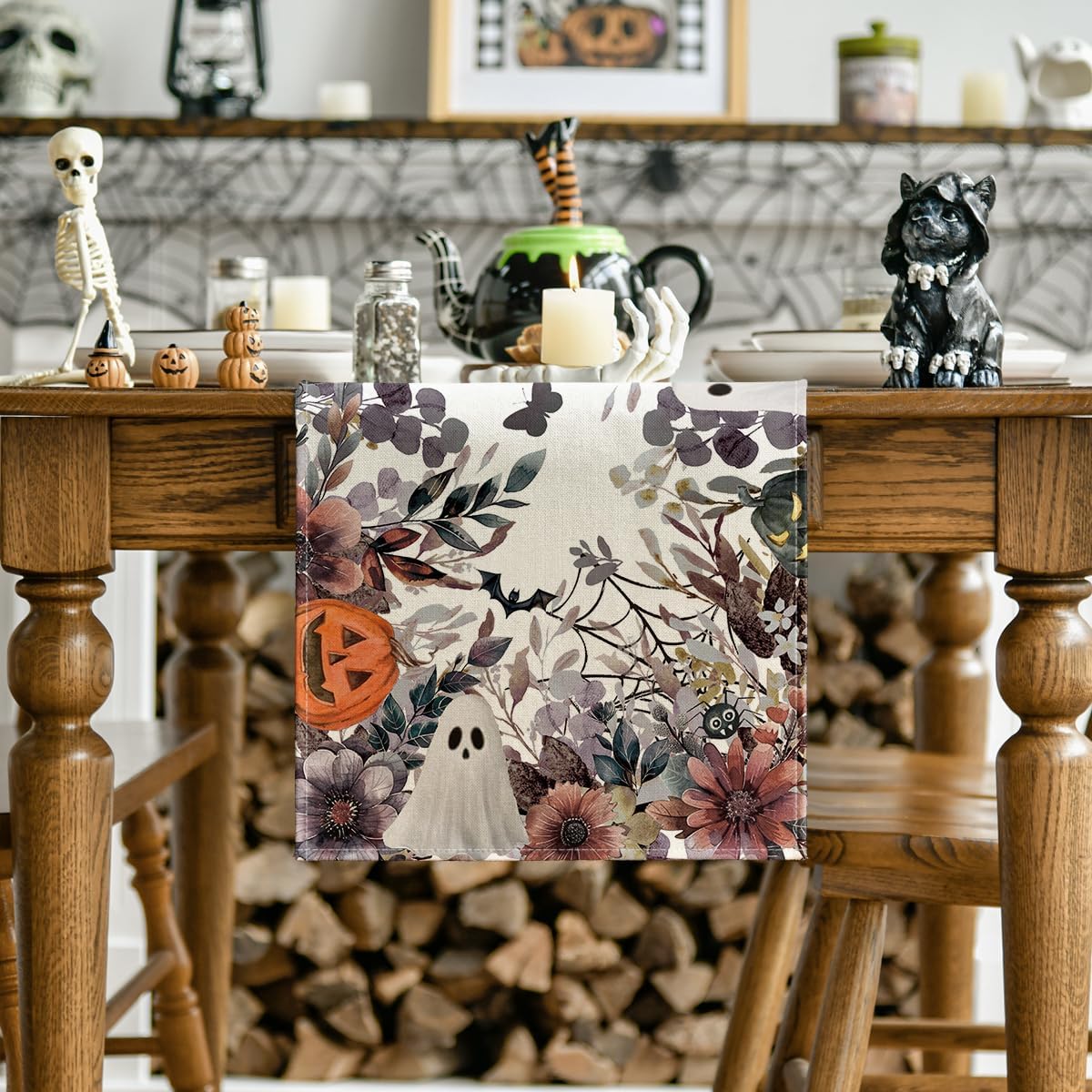 Artoid Mode Jack-O'-Lantern Pumpkin Floral Ghost Halloween Table Runner, Eucalyptus Kitchen Dining Table Decoration for Home Party Decor 13x90 Inch