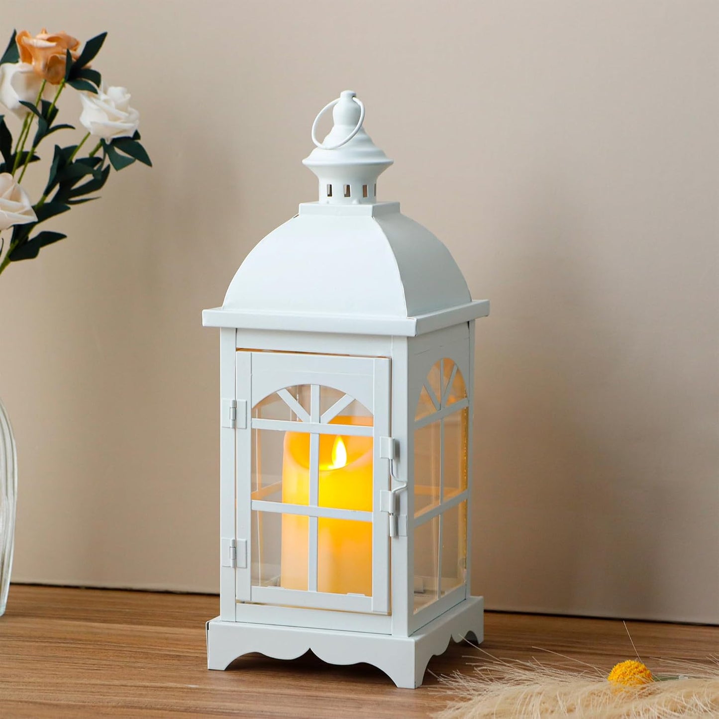 TRIROCKS Decorative Vintage Candle Lanterns 14.5" H Farmhouse Outdoor Hanging Lanterns with Tempered Glass for Porch, Balcony, Patio, Home, Centerpieces, Indoor, Outdoor(White)