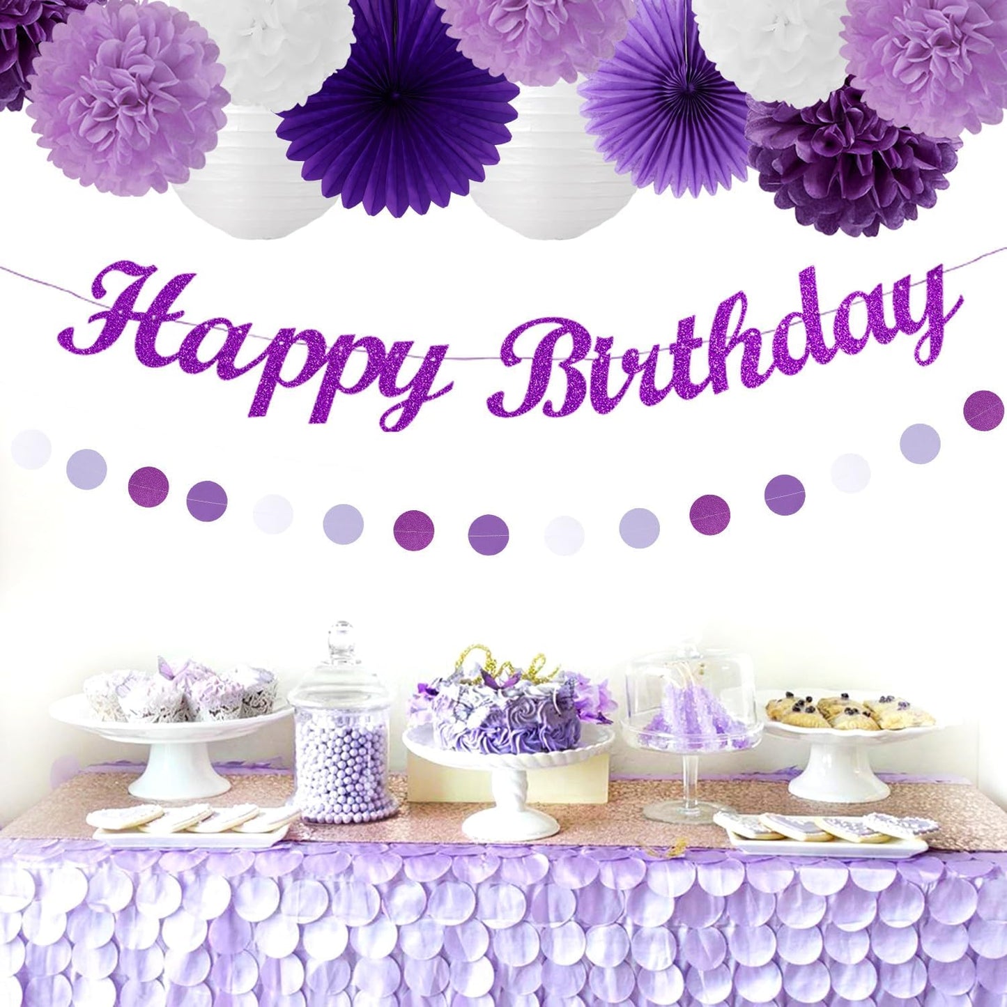 Purple White Birthday Party-Decorations Paper-Flowers - 14pcs Happy Banner Lavender Lanterns Tissue Pom Poms,Lilac Streamers Garland Fans,Women Girls Adult Kids Office Hanging Supplies Decor Hugfond