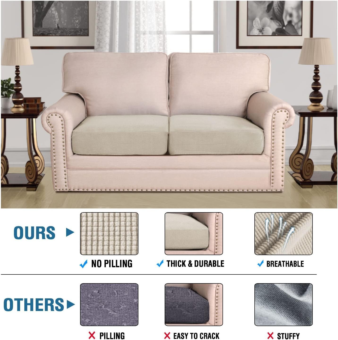 H.VERSAILTEX Super Stretch Individual Seat Cushion Covers Sofa Covers Couch Cushion Covers Slipcover Sets Thick Jacquard Textured Twill Fabric (2 Piece Medium Sofa Cushion Covers, Island Fossi)