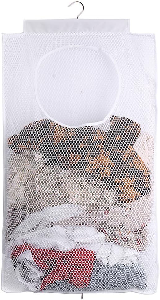 ALYER Breathable Mesh Laundry Hamper,Foldable Hanging Closet Storage Basket,Portable Space Saving Dirty Clothes Bag (White)