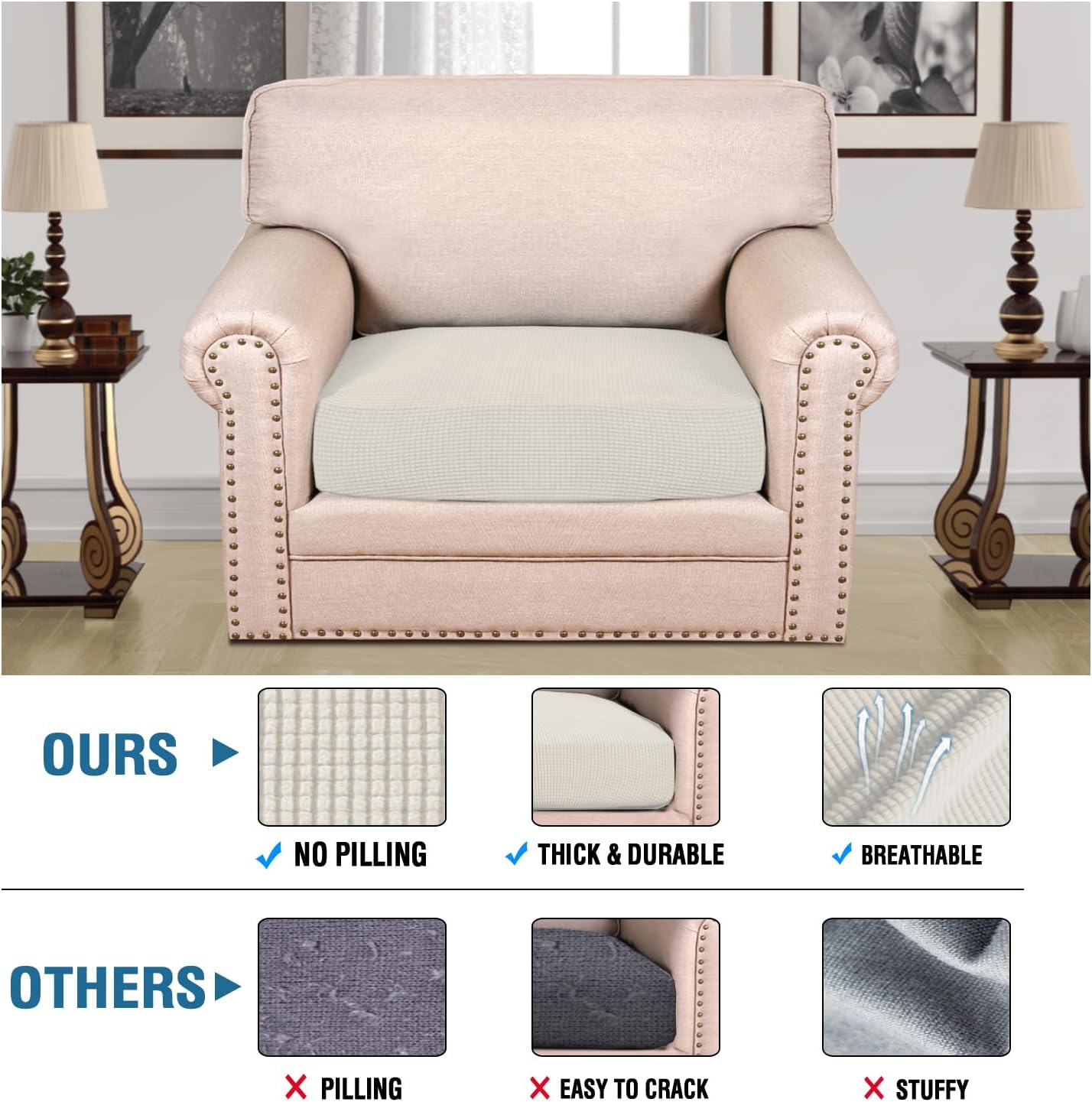 H.VERSAILTEX Super Stretch Individual Seat Cushion Covers Sofa Covers Couch Cushion Covers Slipcover Sets Thick Jacquard Textured Twill Fabric (1 Piece Chair Cushion Cover, Porcelain)