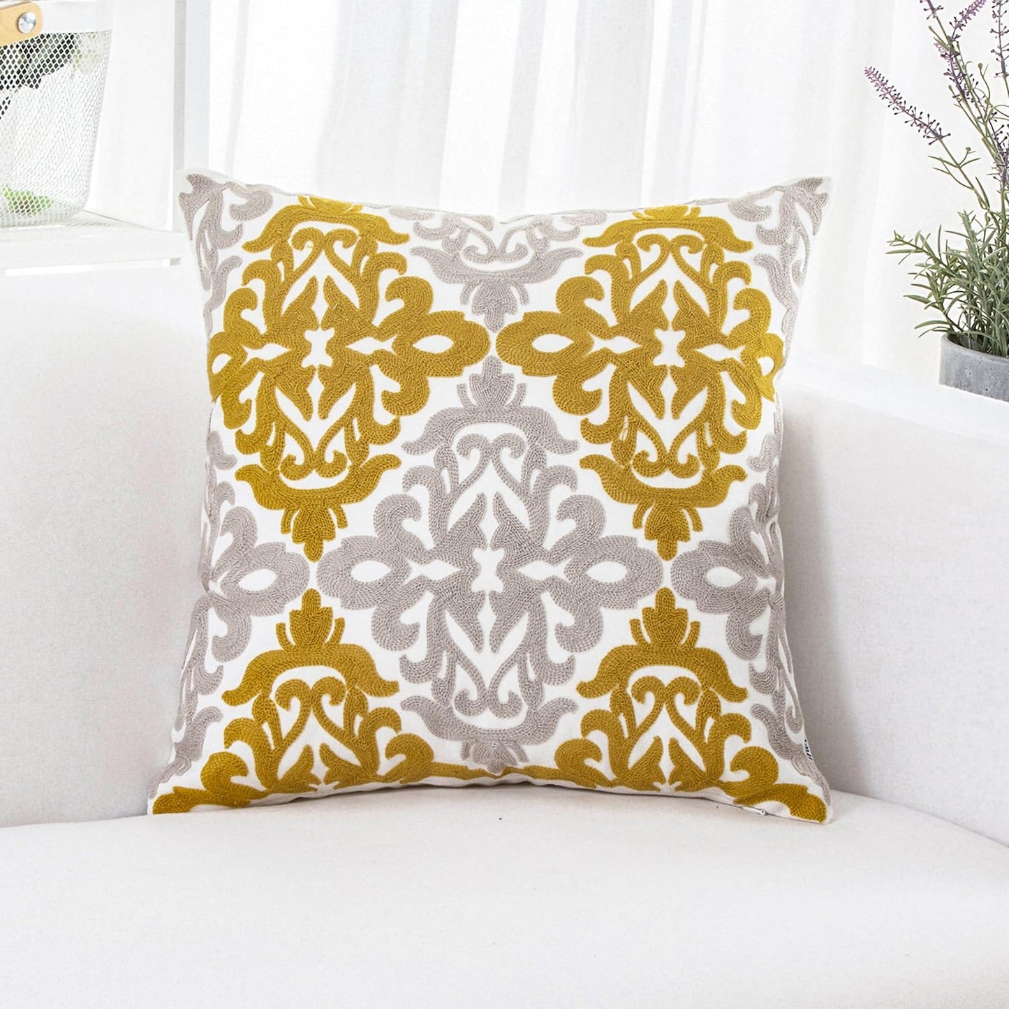 HWY 50 Mustard Yellow Decorative Throw Pillow Covers 18x18 Inch (1 Piece), Embroidered Cotton Farmhouse Cushion Cover Pillow Case for Sofa Couch Living Room Bed Bedroon, Floral Geometric