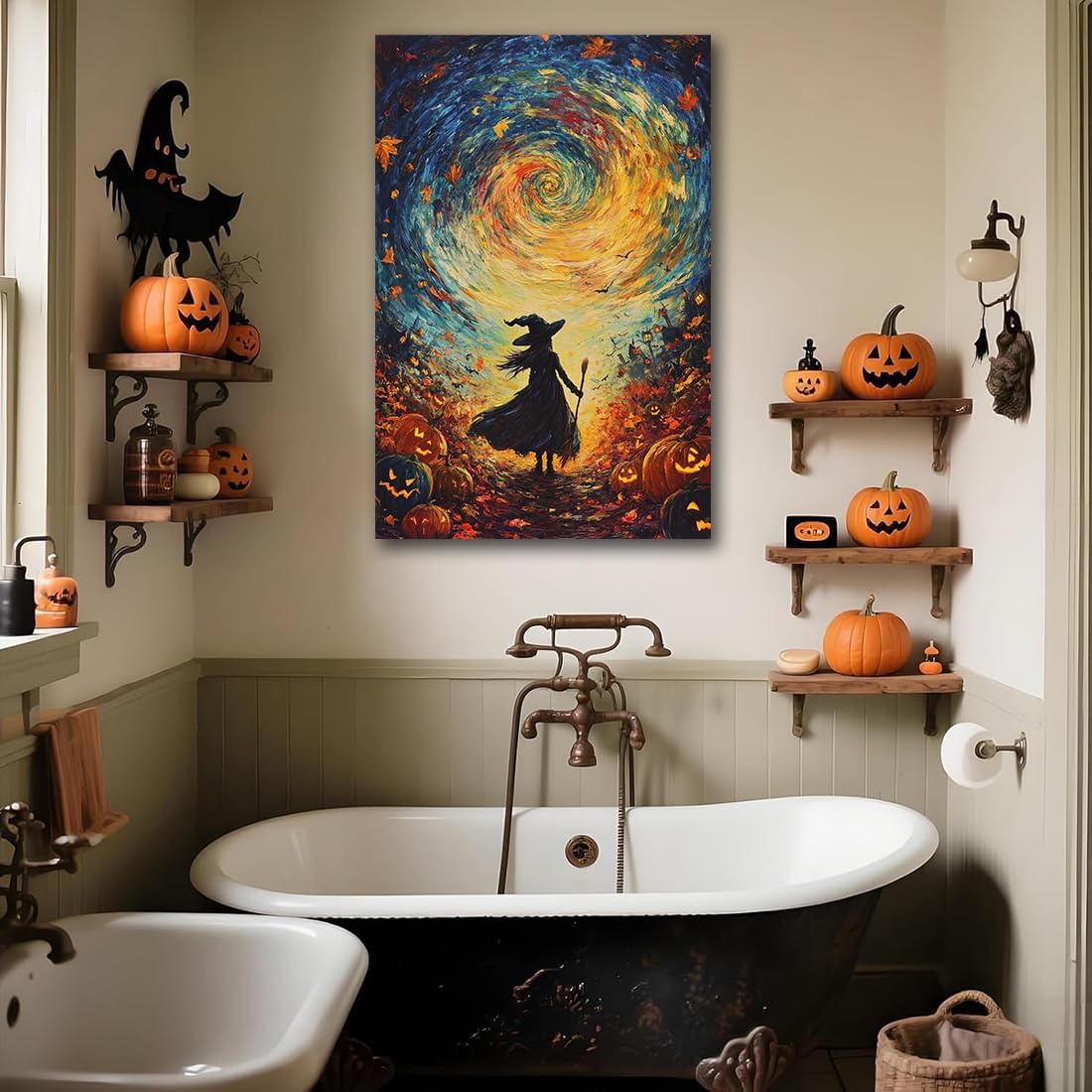 Halloween Autumn Witchy Decor Wall Art Prints,Gothic Witch in Whirlwind Autumn with Pumpkins Scene Pictures Poster,Fall Festival Home Decor Painting Canvas Poster for Bedroom Bathroom,16"x24" Unframed