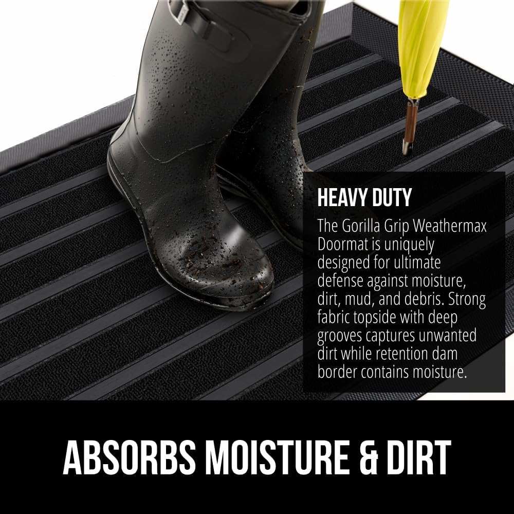 GORILLA GRIP 100% Waterproof All-Season WeatherMax Doormat US Designed Natural Rubber, Stain and Fade Resistant, Low Profile Indoor Outdoor Door Mats, Easy Clean Patio Mat, 23x35, Black Stripe