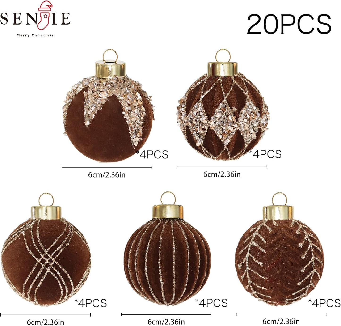 20PCS Velvet Ornaments for Christmas Tree, 2.36INCH Glitter Flocked Christmas Ornaments Decorations Balls Set Decor