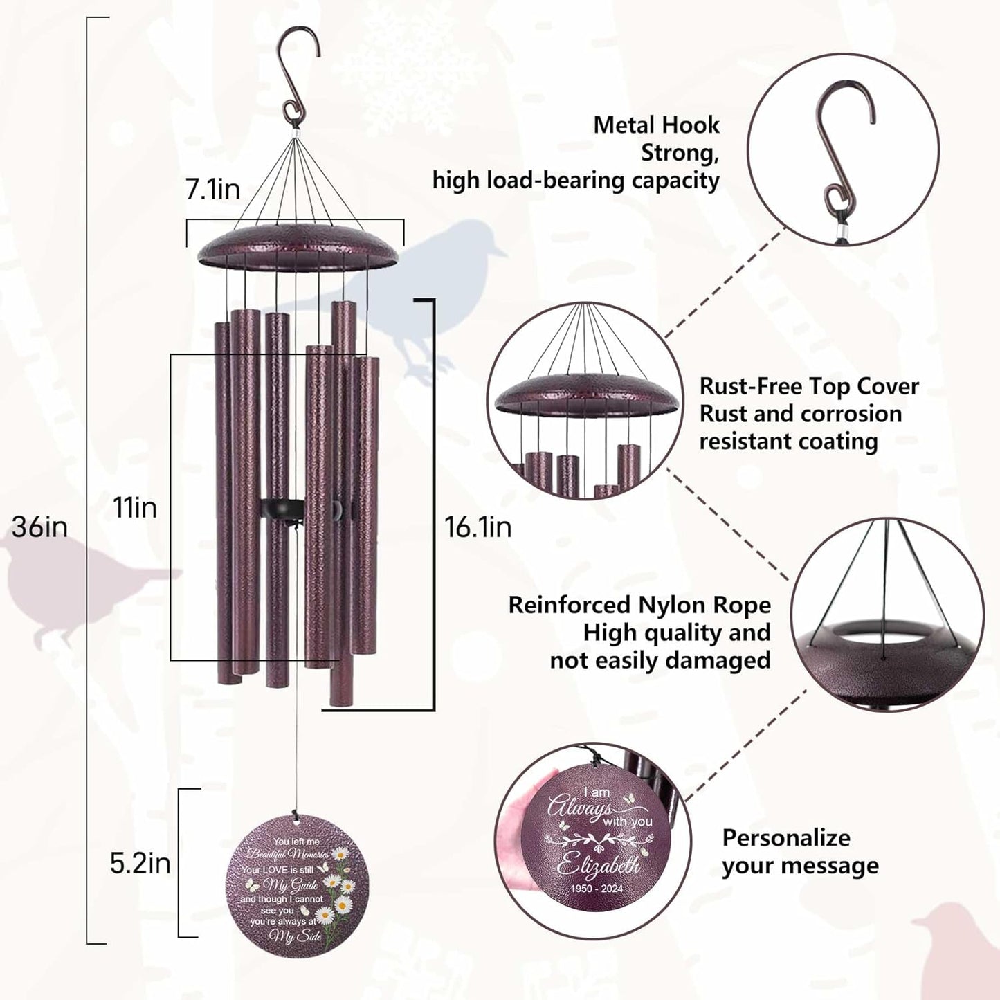 ASTARIN 36" Large Deep Tone Personalized Sympathy Wind Chimes, Memorial Wind Chime for Loss of Mother Father Loved One, Bereavement Gifts Decor Outdoor Patio Garden Graveyard