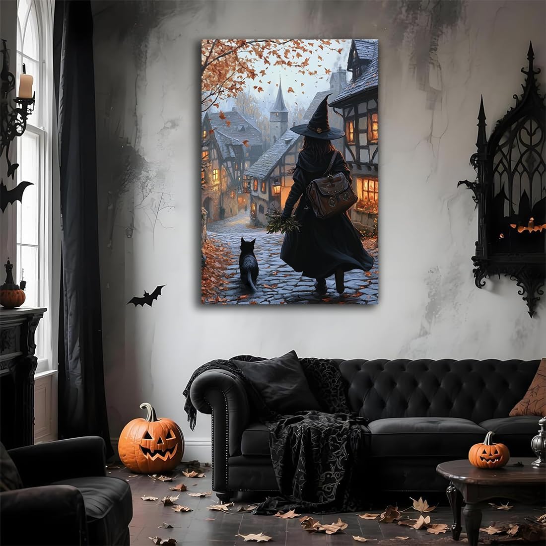 Autumn Witch And Black Cat Picture Wall Decor,Halloween Canvas Vintage Rustic Wall Art,Preppy Bedroom Living Room Bathroom Poster Print,12"x18" Framed