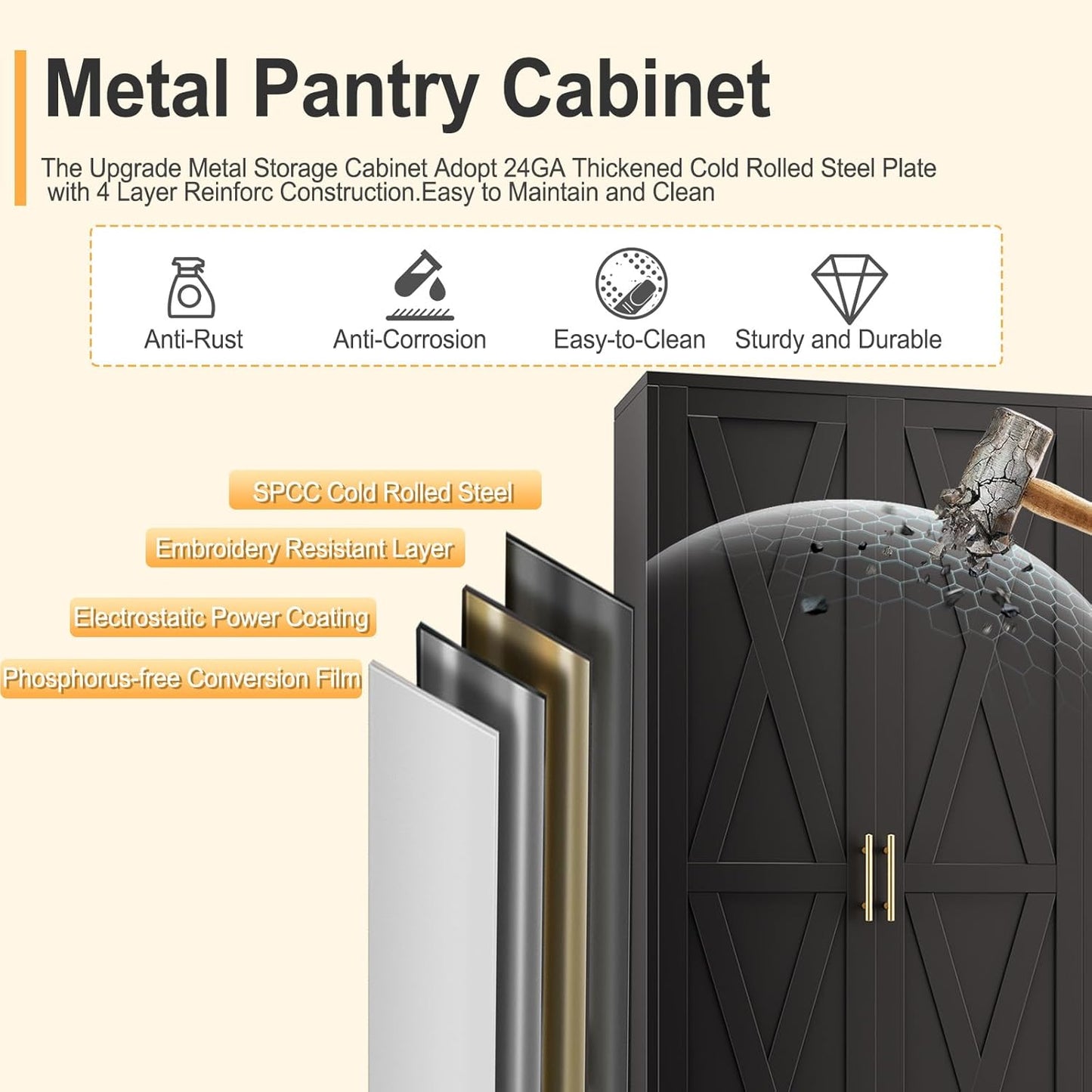 71" H Metal Kitchen Pantry Storage Cabinet, Freestanding Cupboard with 2 Doors and 4 Adjustable Shelves, Standing Storage for Kitchen, Bathroom, Garage, Dinning Room or Utility Room（Black）