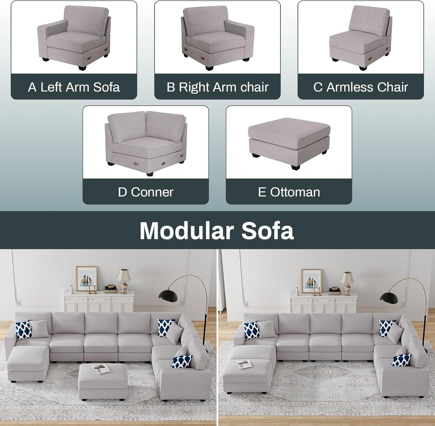 L Lengend Vansen Modular Sectional Sofa U Shaped Couch with Ottoman Modern Reversible Corner Sectional Couch for Living Room (Light Grey, U Shaped Sofa-5)