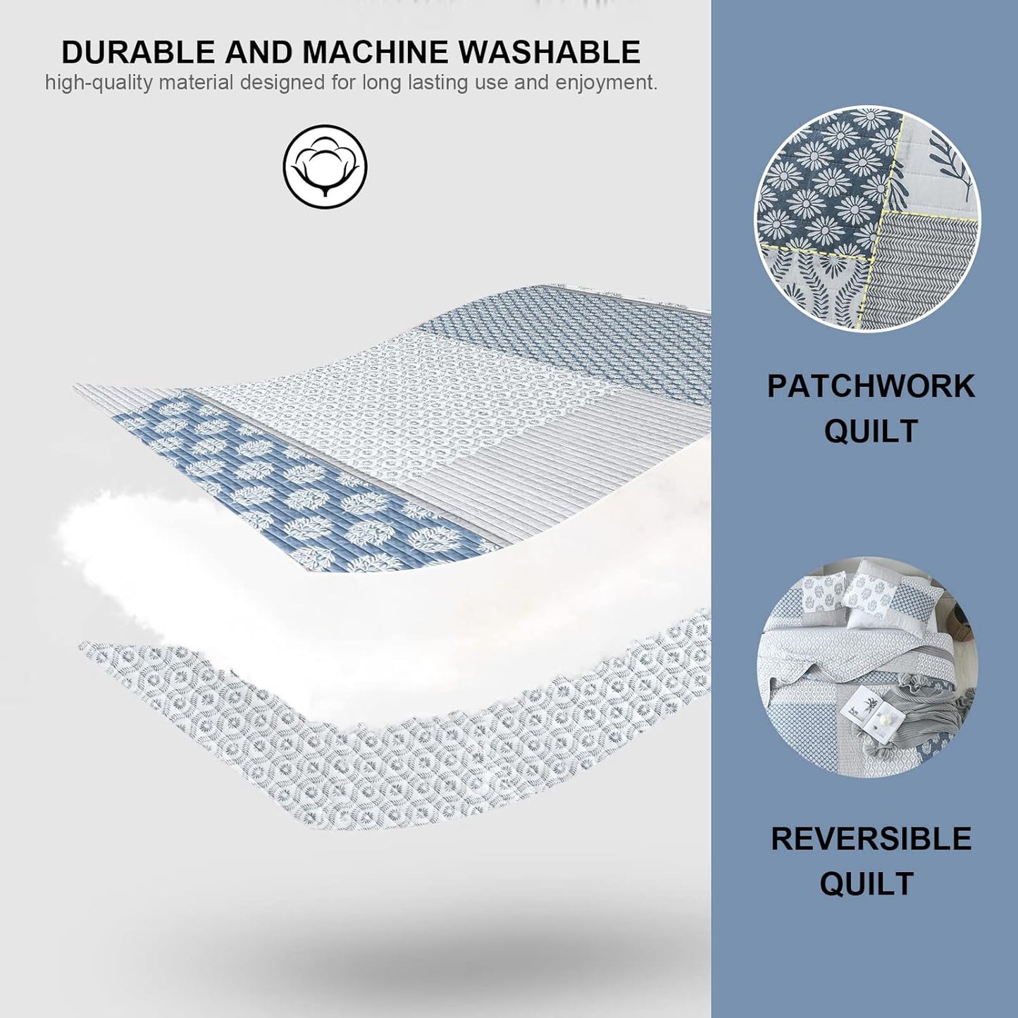 PANGUSHAN Quilt Set King Size, 100% Cotton Bedspread Quilt Bedding Set, Patchwork Reversible Floral Quilt for King Bed, Blue/Grey/White Bed Spread, Lightweight Comforter for All Season, 3 Pieces
