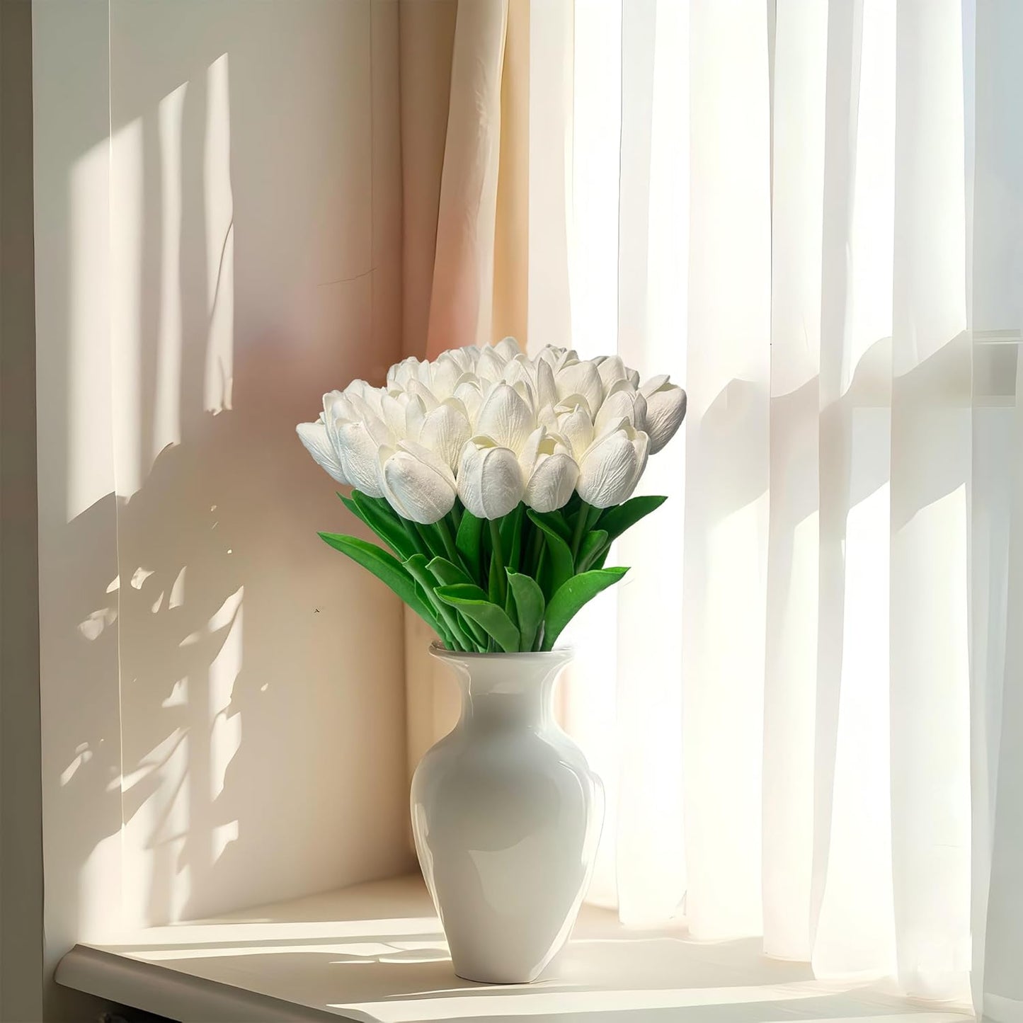 15pcs White Tulips PU Artificial Flowers Real Touch Fake Tulips for Spring Easter Home Kitchen Wedding Bouquet Bulk Mother's Gift Day Decorations
