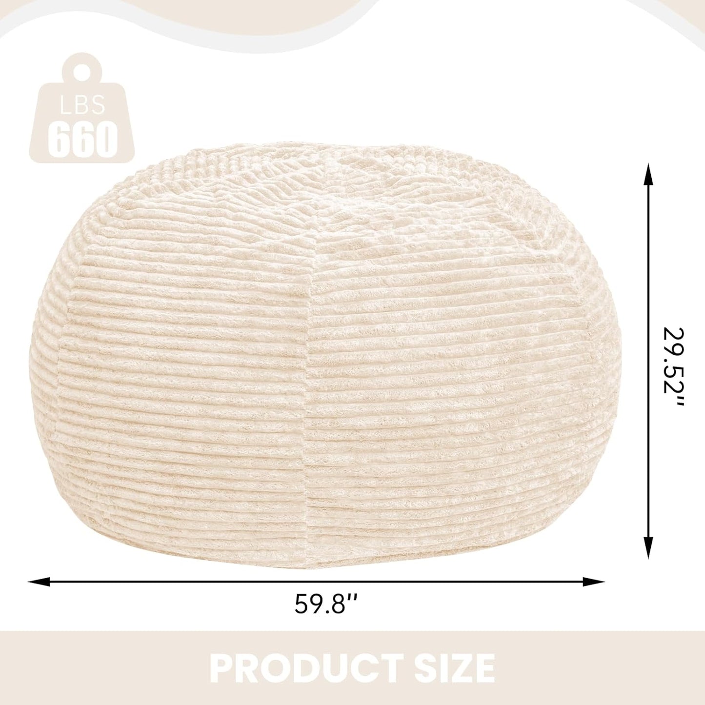 Large Bean Bag Chair, 6FT Giant Beanbag Chairs with Memory Foam Filled, Bean Bag Chairs for Adults, Ultra Soft Lazy Sofa for Living Room Bedroom (White)