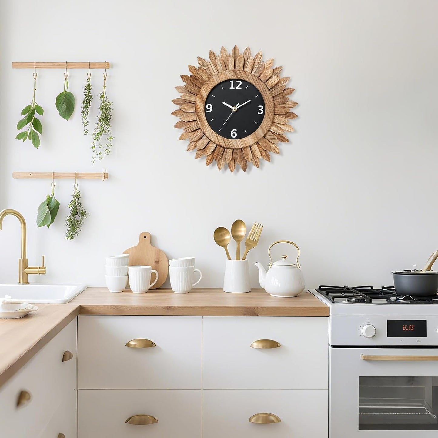 Honiway 14 Inch Wall Clock, Rustic Wood Boho Sunburst Decorative Wall Clocks Battery Operated Silent Non Ticking Farmhouse Small Wall Clocks for Living Room Kitchen Bedroom Home Decor (Rustic Brown)