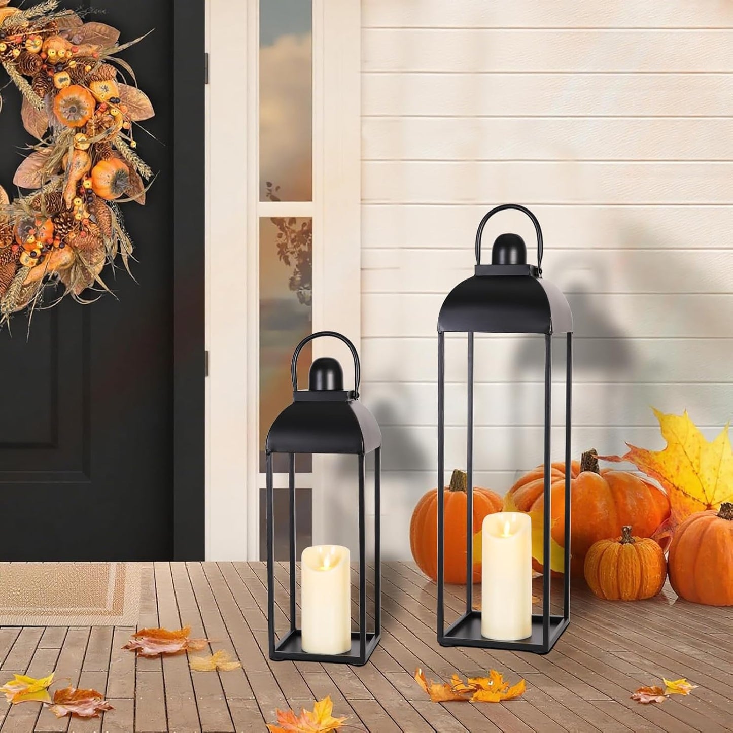 25'' 19'' Lanterns Decorative Outdoor Indoor, Black Metal Outdoor Candle Lanterns, Set of 2 Modern Farmhouse Decorative Lantern for Fireplace, Patio, Porch, Floor, Halloween Lantern (No Glass)