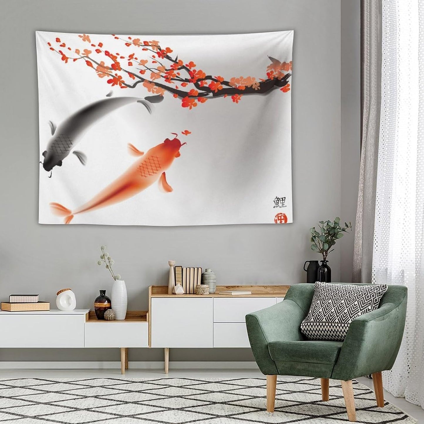 Houselerax Japanese Koi Fish Tapestry, Cherry Blossoms Asian Oriental Flower Branch Koi Fish Carp Tapestries Wall Hanging for Bedroom Living Room Office Decor 80"x60"