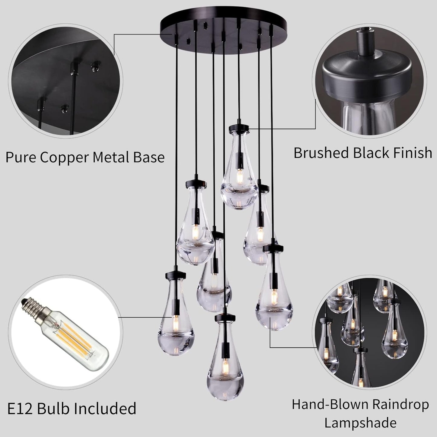 7 Light Raindrop Chandeliers, Bronze Teardrop Cluster Pendant Lights Kitchen Island, Black Dining Room Chandelier Over Table Hanging Pendant Lighting for High Ceiling, Entryway Staircase