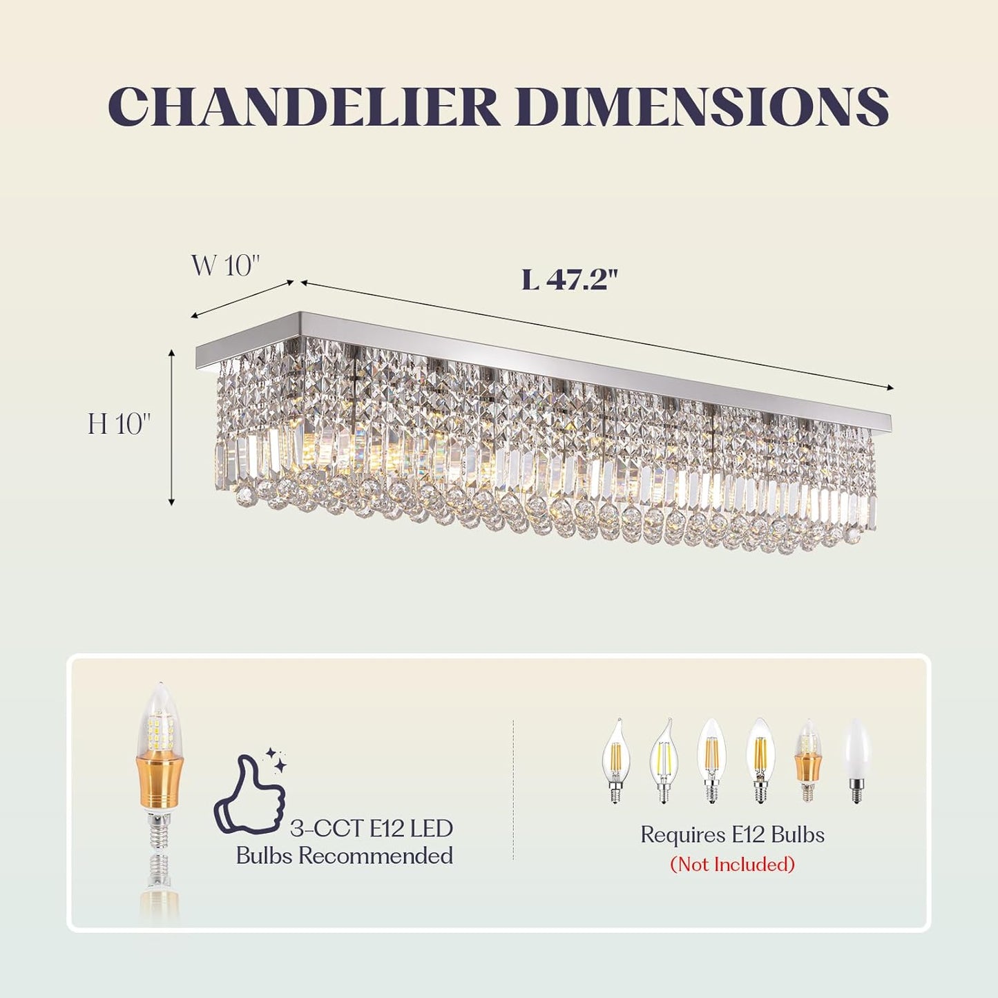 Luxury Lighting Fixture Chandelier Rectangular with Raindrop Crystals Pendant Light Fixture 10-Lights Modern Crystal Rectangle Flush Mount Chandelier for Living Room Dining Room Bar L47 Inch