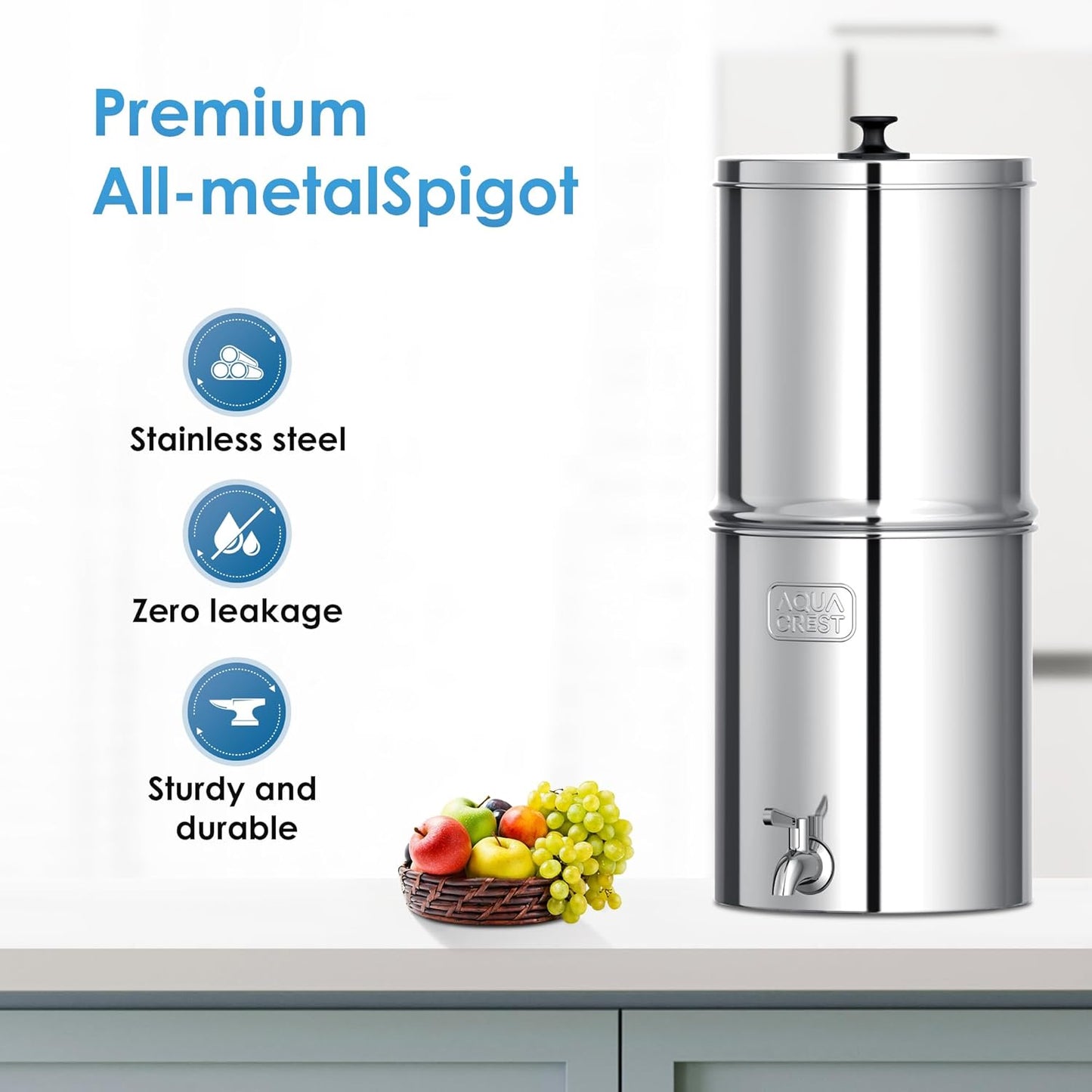 AQUA CREST Gravity Water Filter System, 304 Stainless Steel Countertop System with 4 Filters and Anti-Slip Stand, Reduce Fluoride and Chlorine, 2.25G, for Home, Camping, RVing, Off-Grid, Emergencies