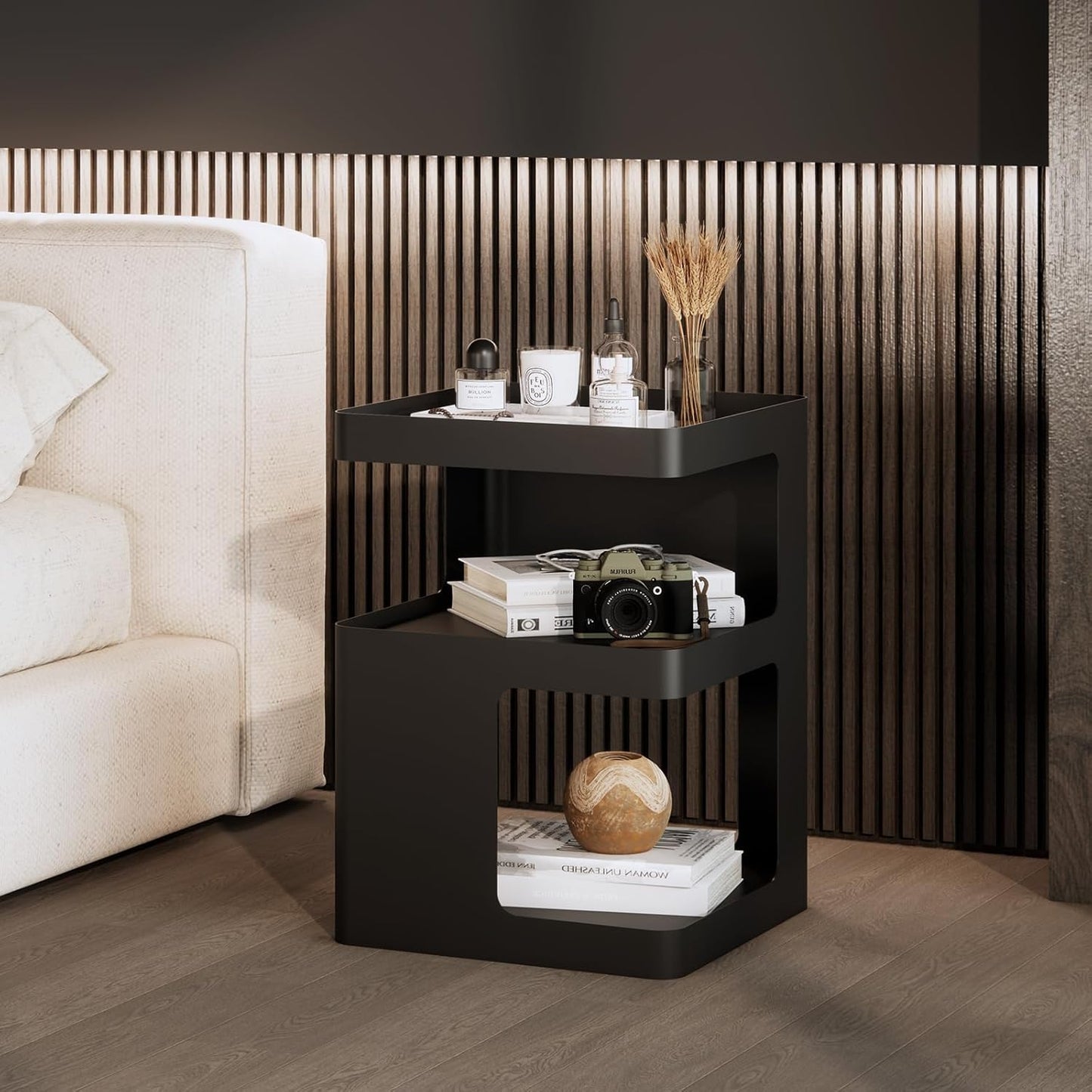 Modern Side Table,Small end Tables for Small Spaces,Black Metal nightstand,Bedside Tables,Accent Table with Storage for Couch, Bedroom,Living Room.No Assembly Required