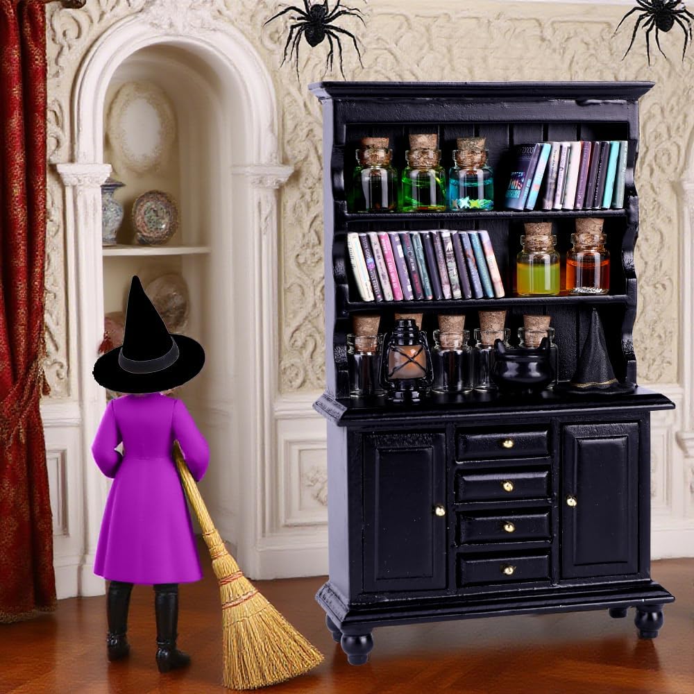 56 Pcs Halloween Miniatures Decorations 1:12 Scale Magic House Accessories Mini Wooden Bookshelf Furniture Set Tiny Sorcery Bottles Books Desk Chair Witch Hat Dollhouse Decor
