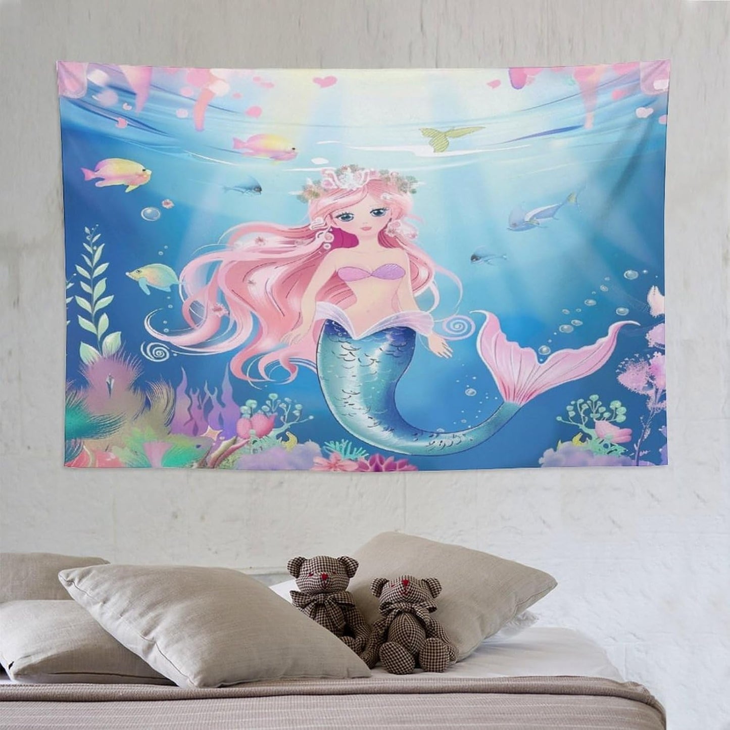 HZOHNAGO Mermaid Girls Tapestry Watercolor Mermaid Princess Pattern Printed Wall Tapestry Wall Hanging for Bedroom Living Room Dorm 90" W x 60" H