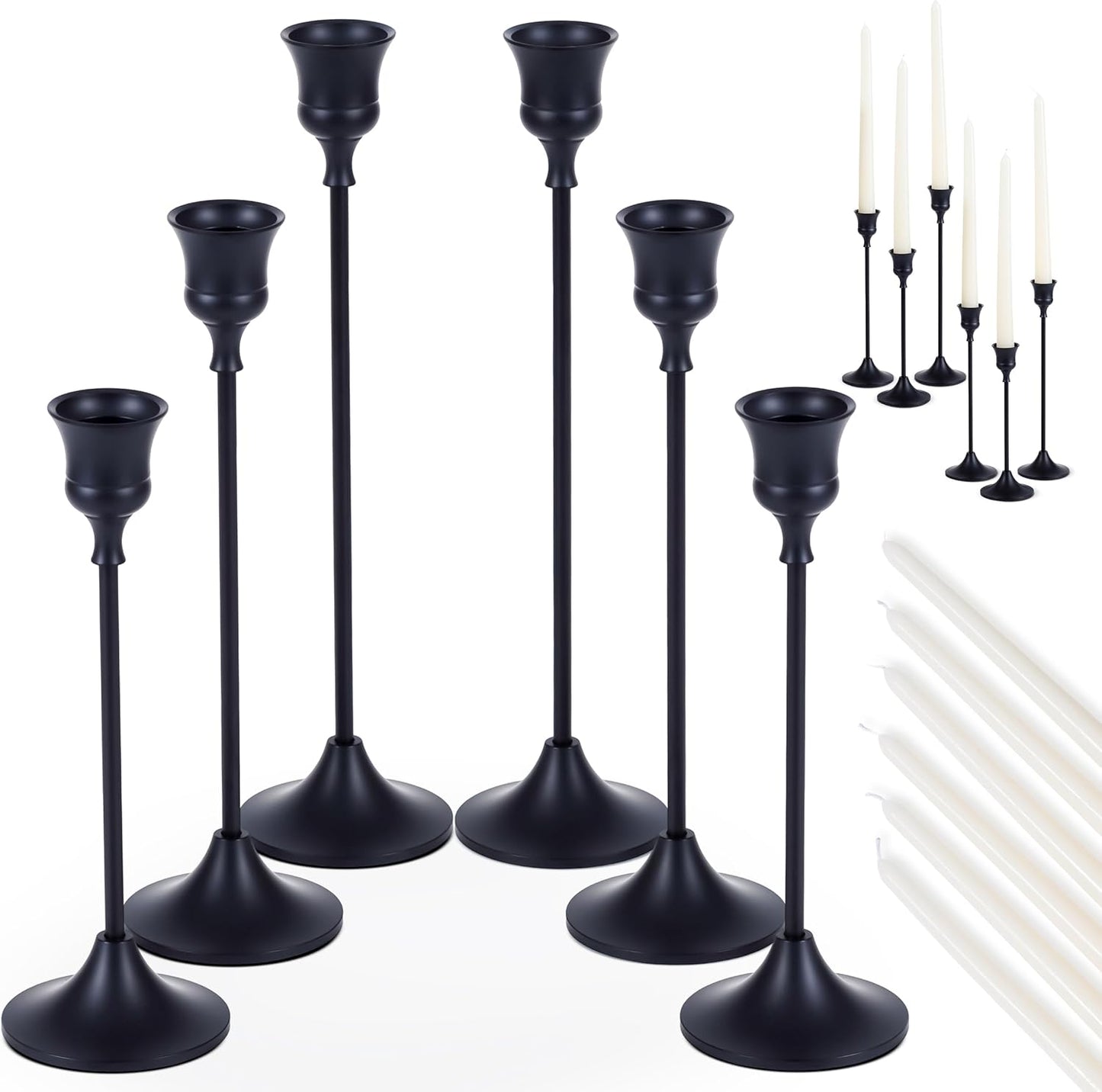 Black Candlestick Holders | Set of 6 | Metal with Matte Finish | 3 Different Sizes | Taper Candles Included | Decorative Centerpiece for Wedding, Christmas, Fireplace Mantel, Dining Table