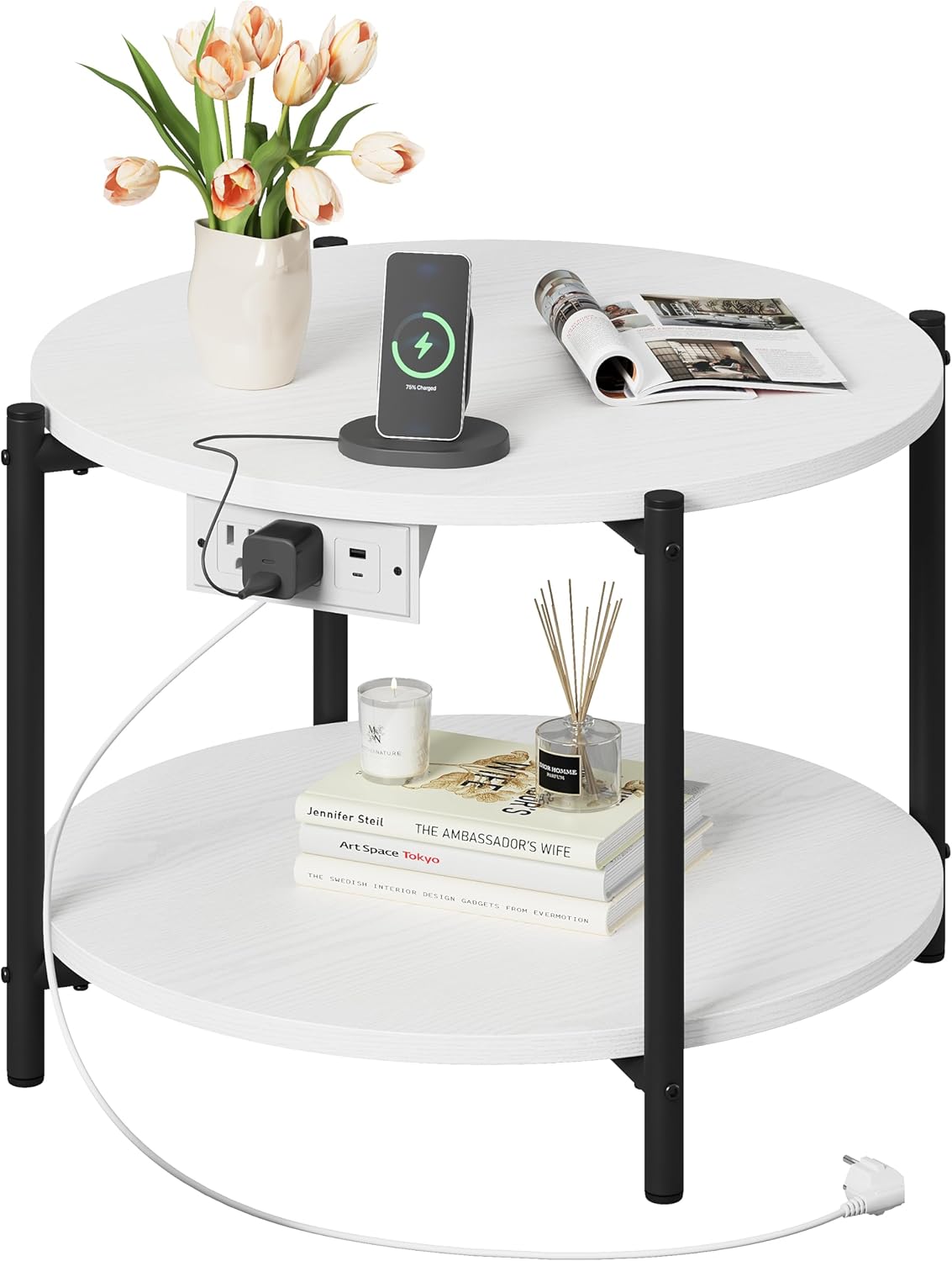 LIKIMIO Side Table, 23.6" W Round End Table with Charging Station, Modern Wooden Nightstand for Small Spaces, Living Room, Bedroom, White