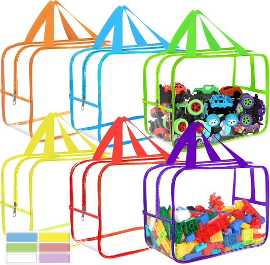 6 Colors Widen X-Large Toy Storage Bags 12.6×9.25×6.9In with Labels, Reusable Clear PVC Board Game Storage, Travel Waterproof Organizer Bags with Zipper for Building Blocks, Puzzle, Stuffed Animals