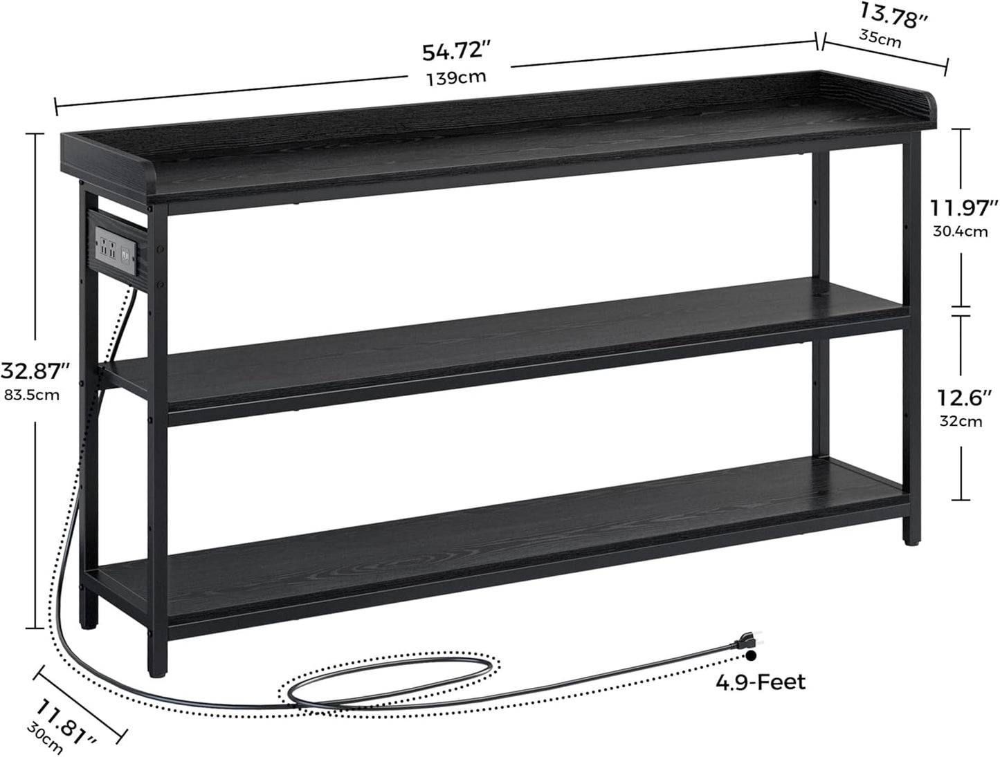 IRONCK Console Table, Sofa Table with Power Outlet, Farmhouse Hallway Table for Entryway, Living Room, Height Adjustable, Easy Assembly, Vintage Black,55"
